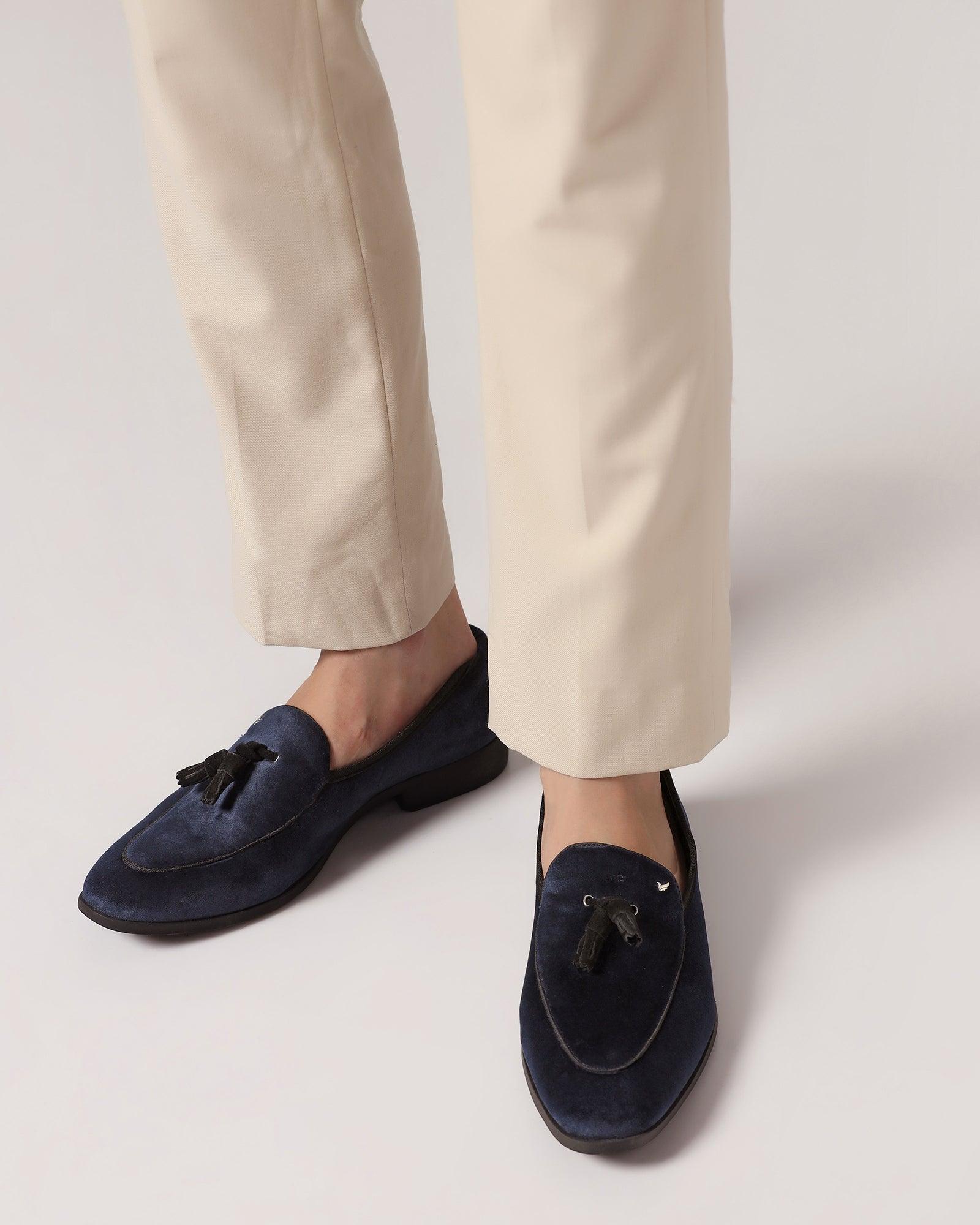 Velvet Navy Textured Slip On Shoes - Mrinal - Image 3