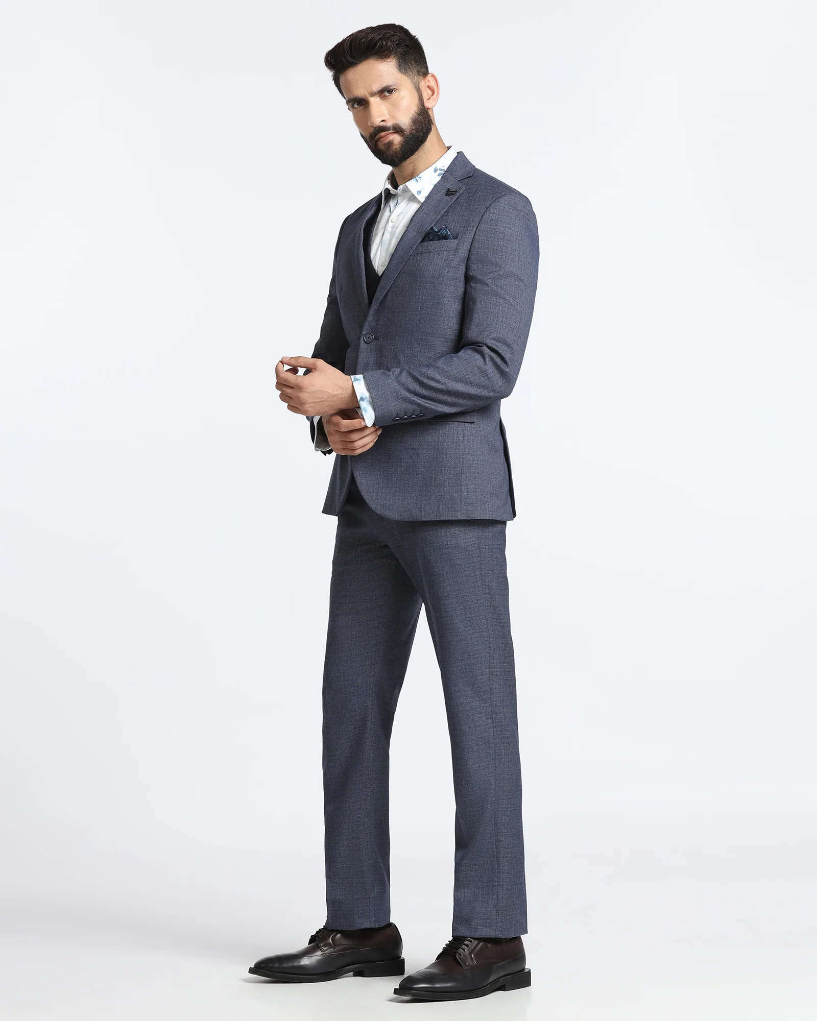 Navy Three Piece Textured Suit - Zyme - Image 3