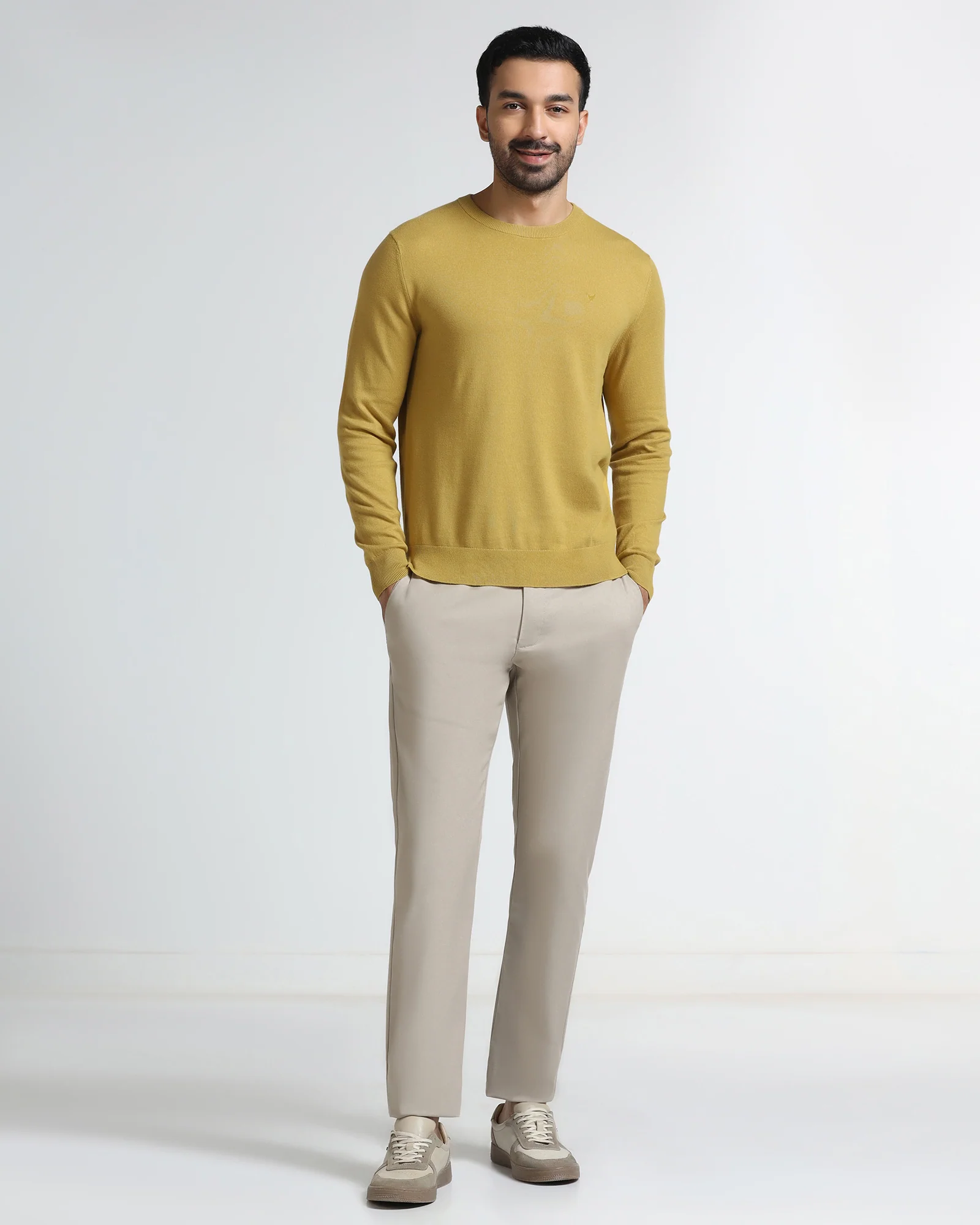 Ochre Yellow Crew Neck Solid Sweater - Mario - Image 3