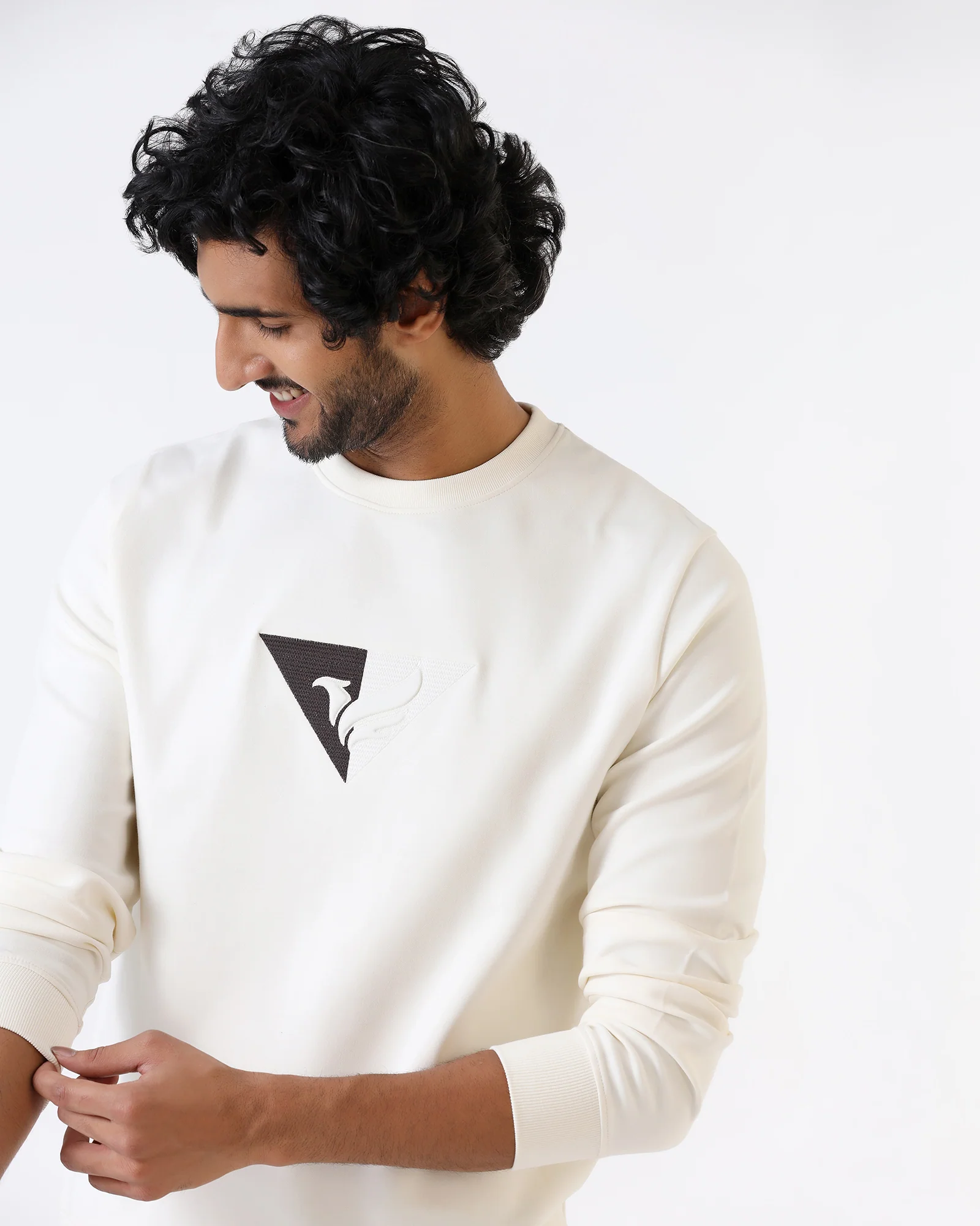 Off White Crew Neck Solid Sweatshirt - Bling