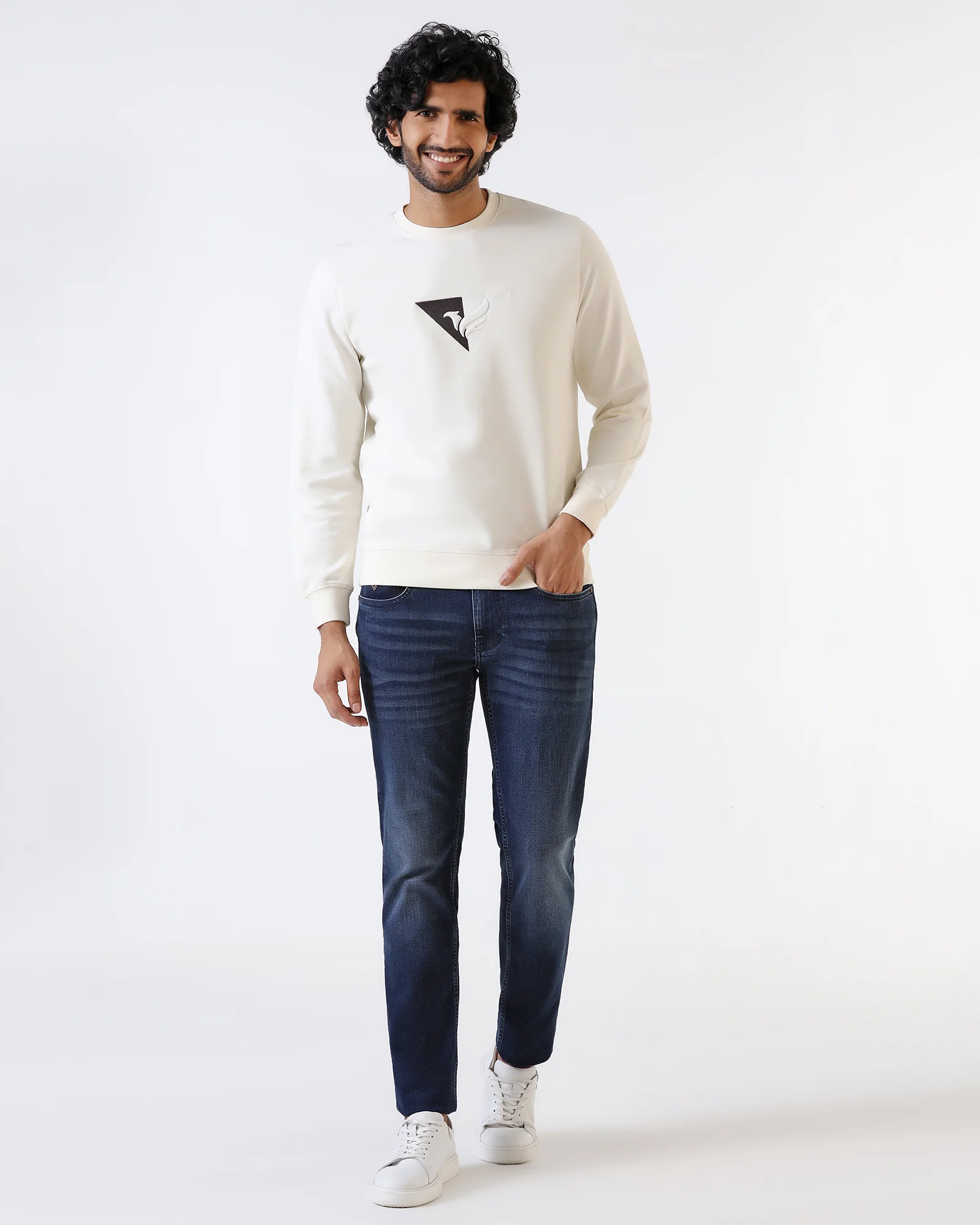 Off White Crew Neck Solid Sweatshirt - Bling - Image 3
