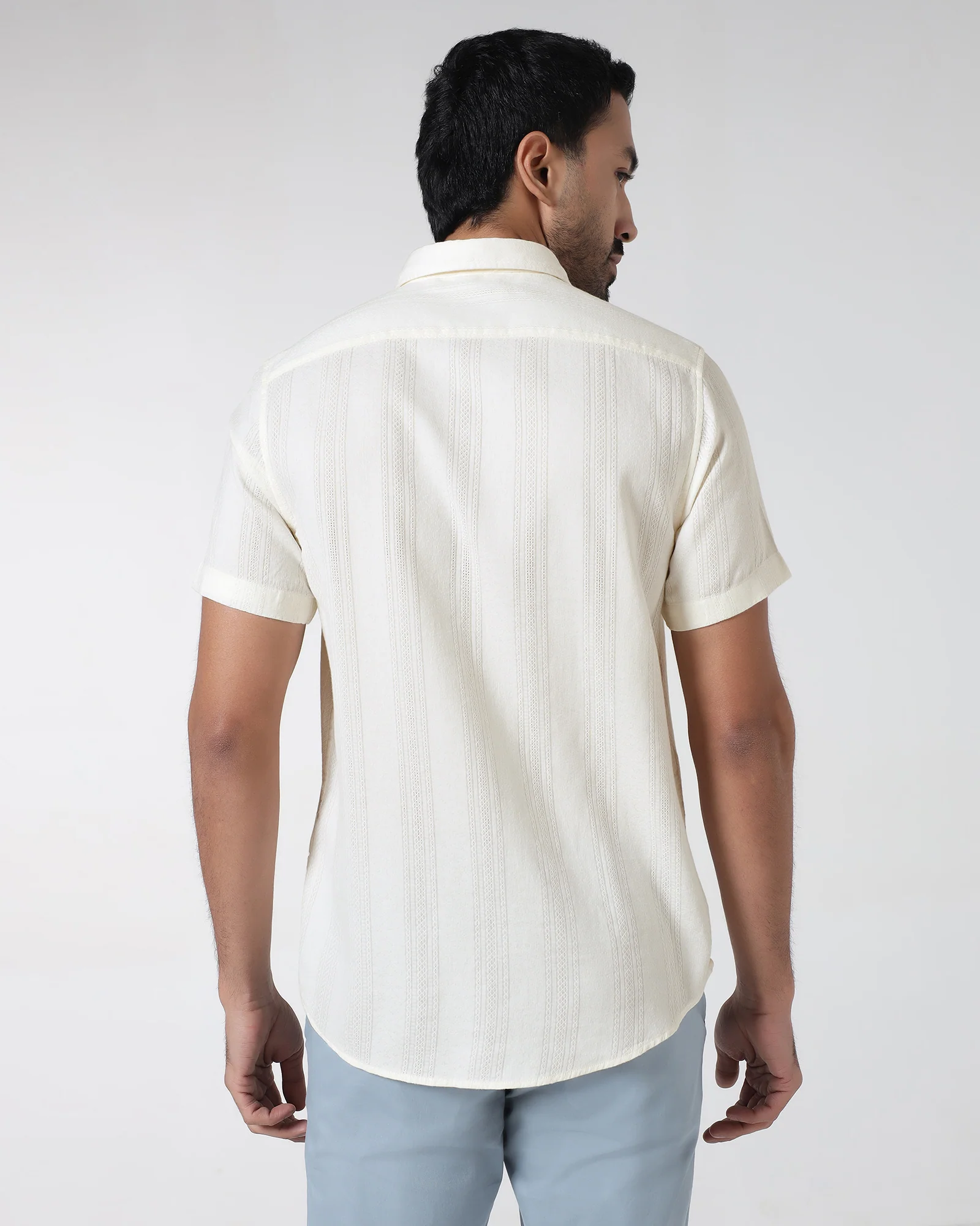 Off White Half Sleeve Textured Shirt - Lambo - Image 2