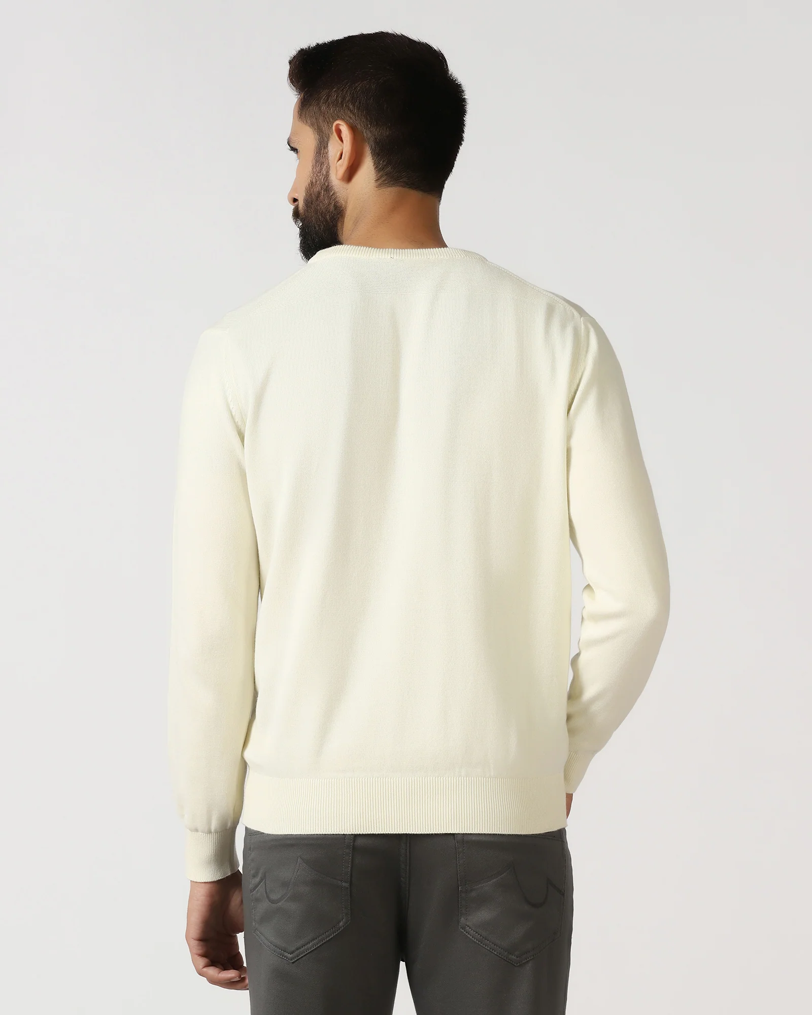 Off White V-Neck Solid Sweater - Vneckter - Image 2
