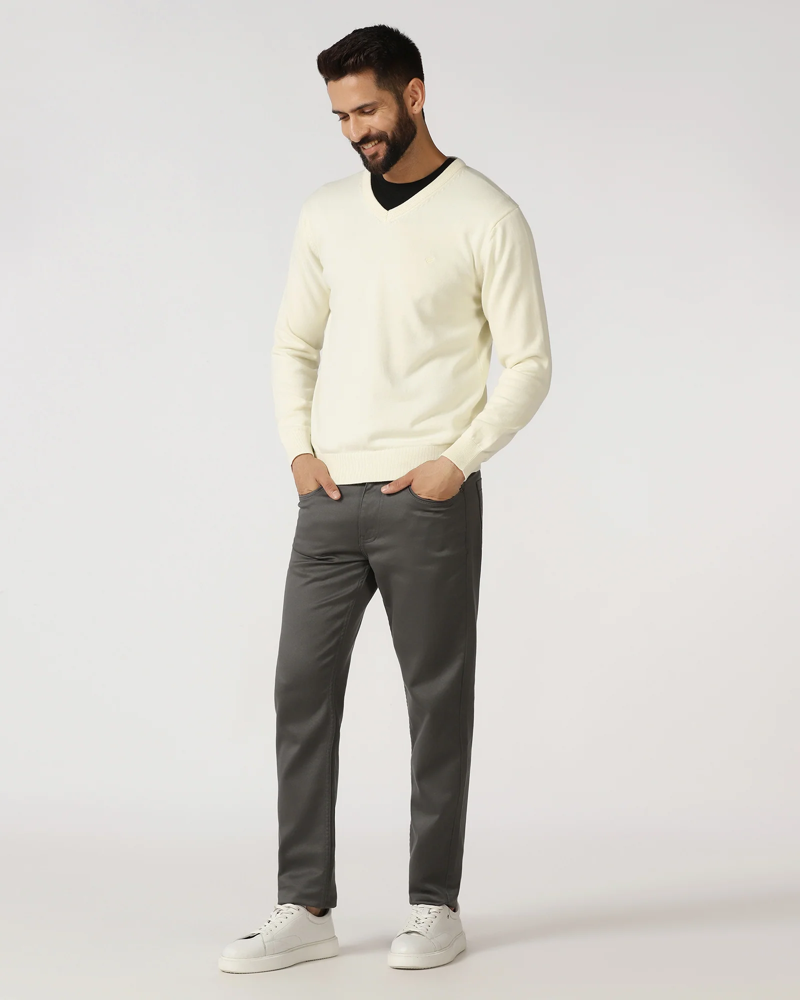 Off White V-Neck Solid Sweater - Vneckter - Image 3