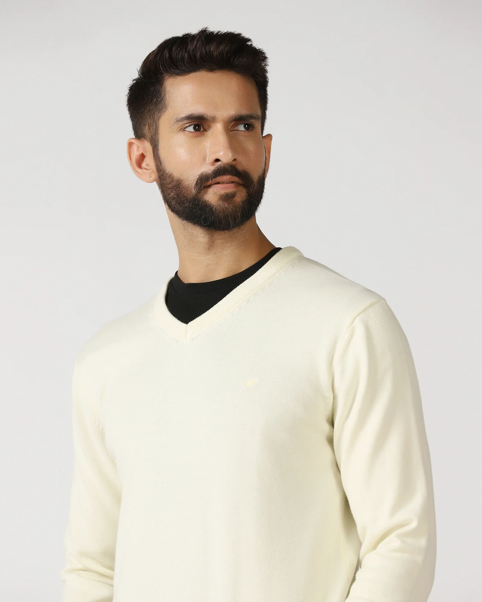 Off White V-Neck Solid Sweater - Vneckter - Image 4