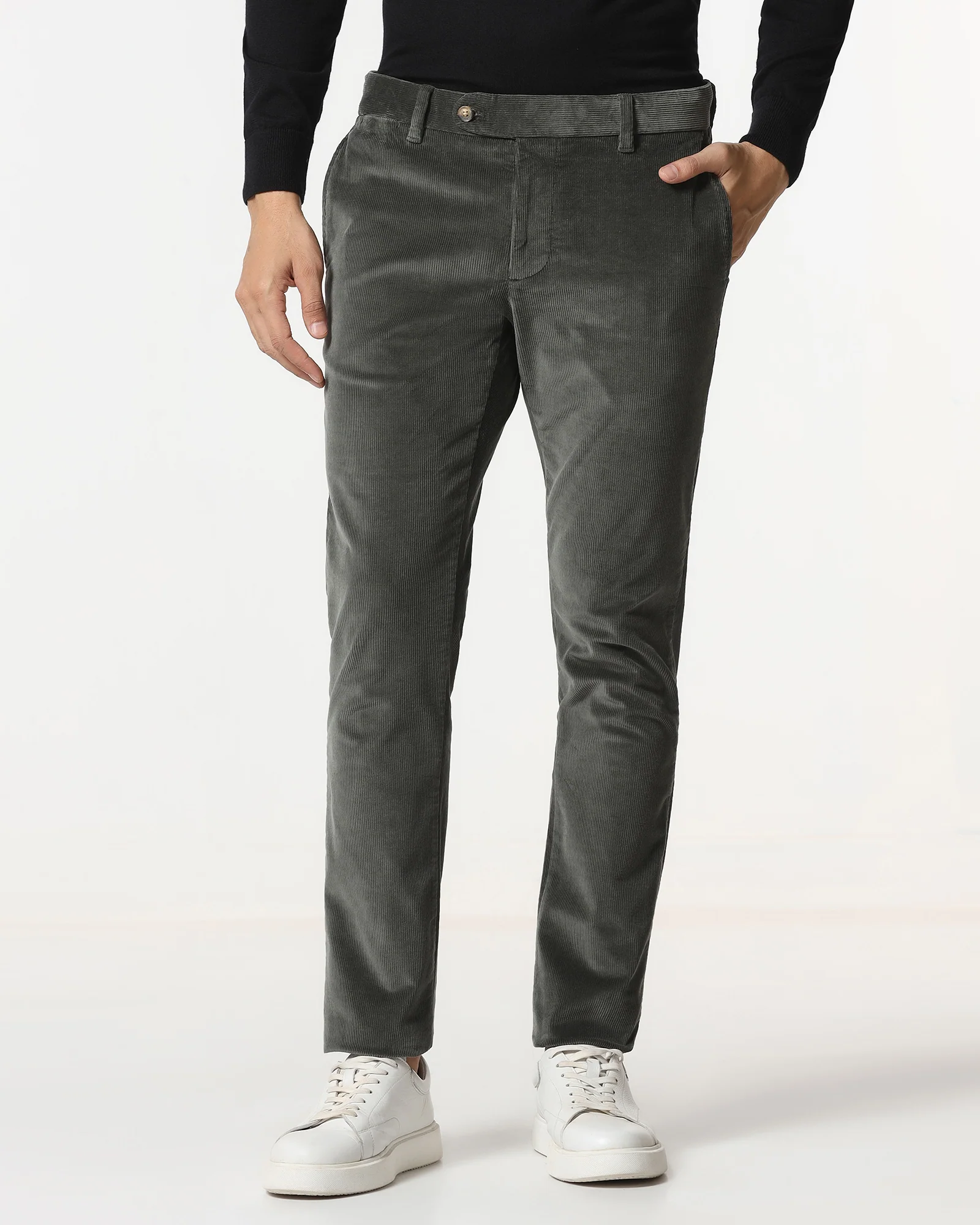 Olive Corduroy Solid Khakis - Gerone - Image 3