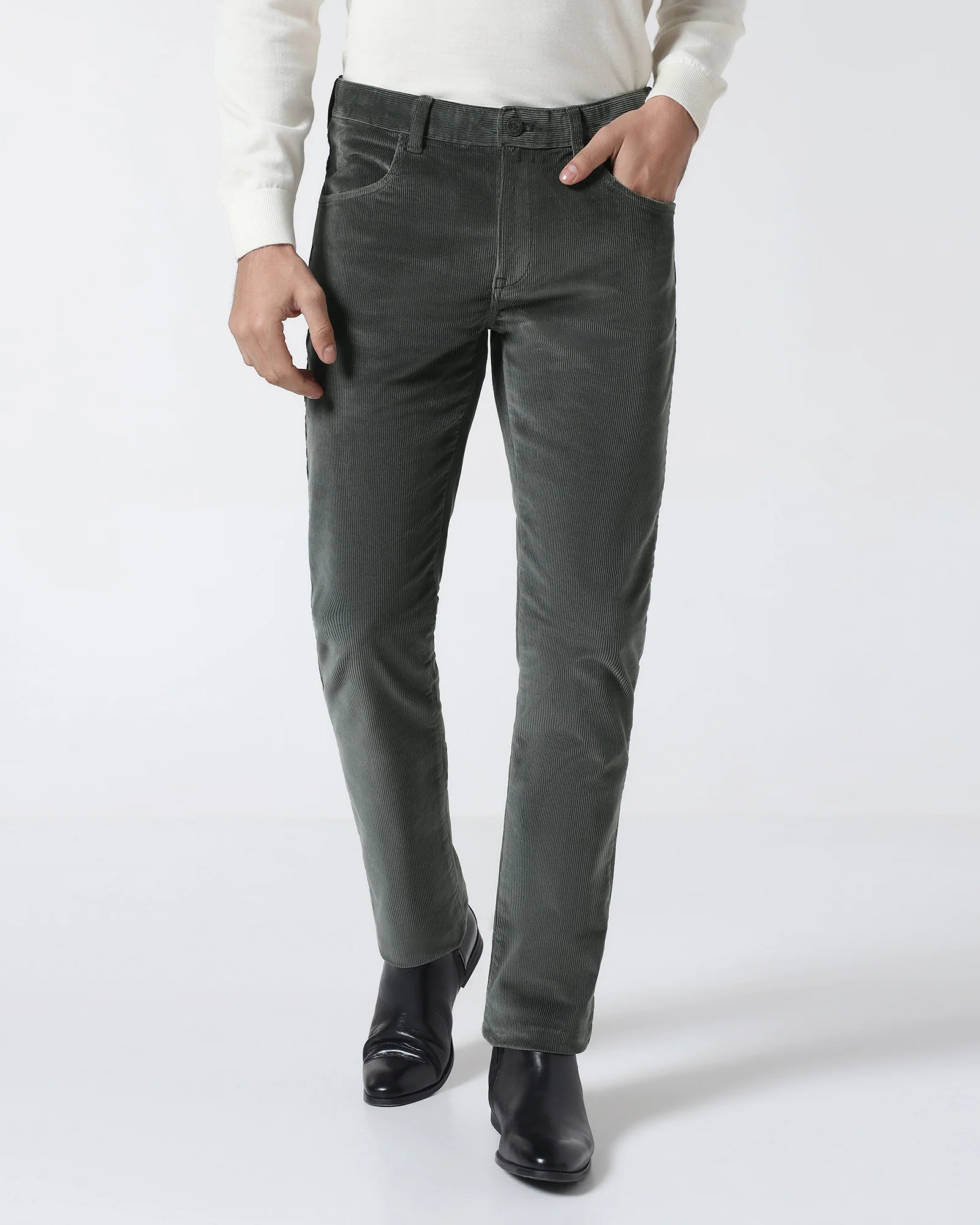 Olive Corduroy Solid Khakis - Magne - Image 3