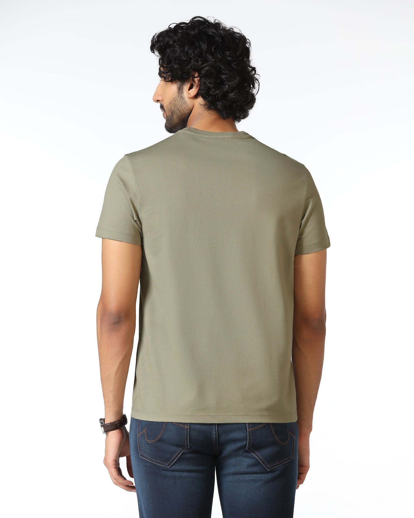 Olive Crew Neck Textured T-Shirt - Hexa - Image 2