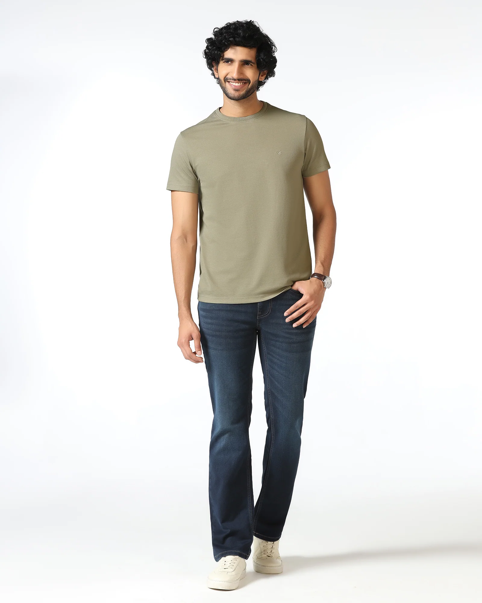 Olive Crew Neck Textured T-Shirt - Hexa - Image 3