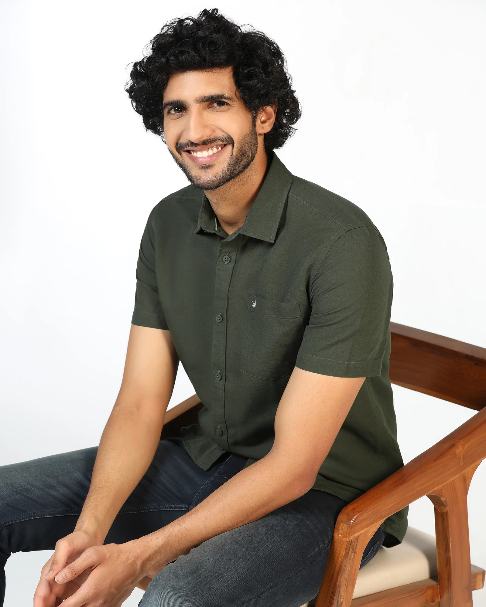 Olive Half Sleeve Linen Solid Shirt - Salmon