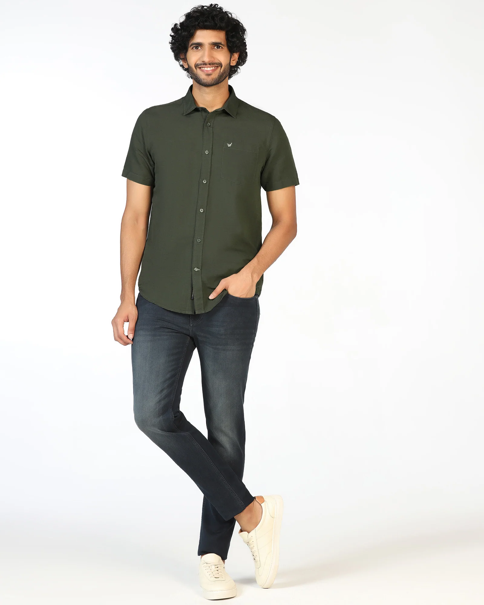 Olive Half Sleeve Linen Solid Shirt - Salmon - Image 3