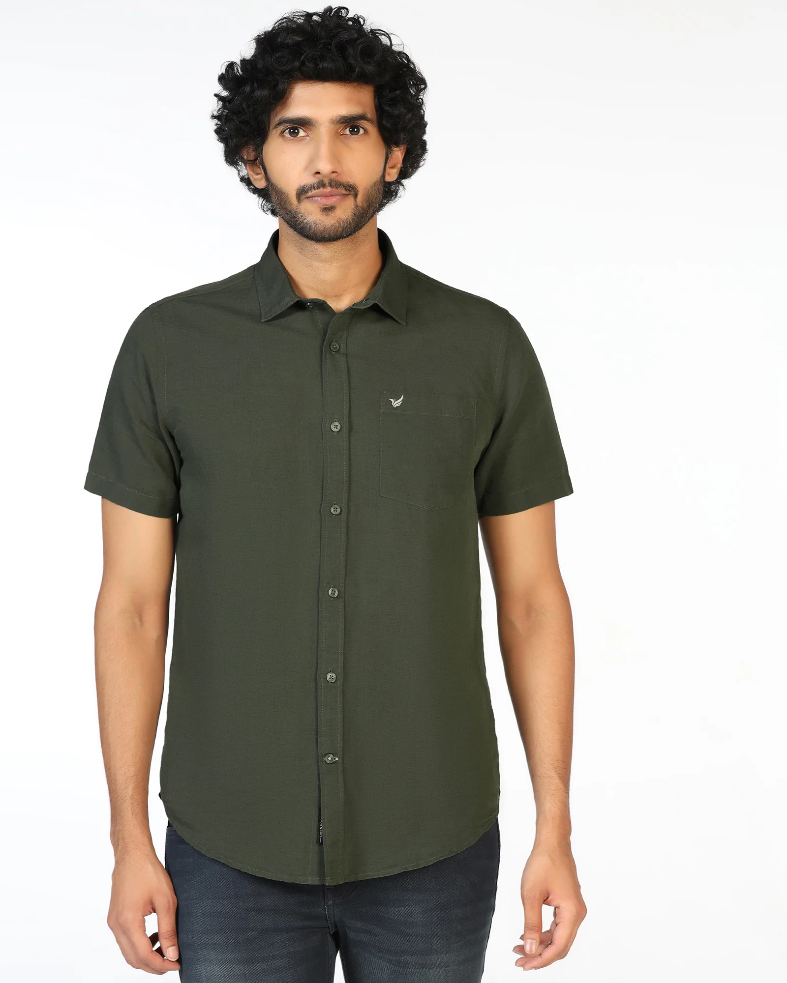 Olive Half Sleeve Linen Solid Shirt - Salmon - Image 8