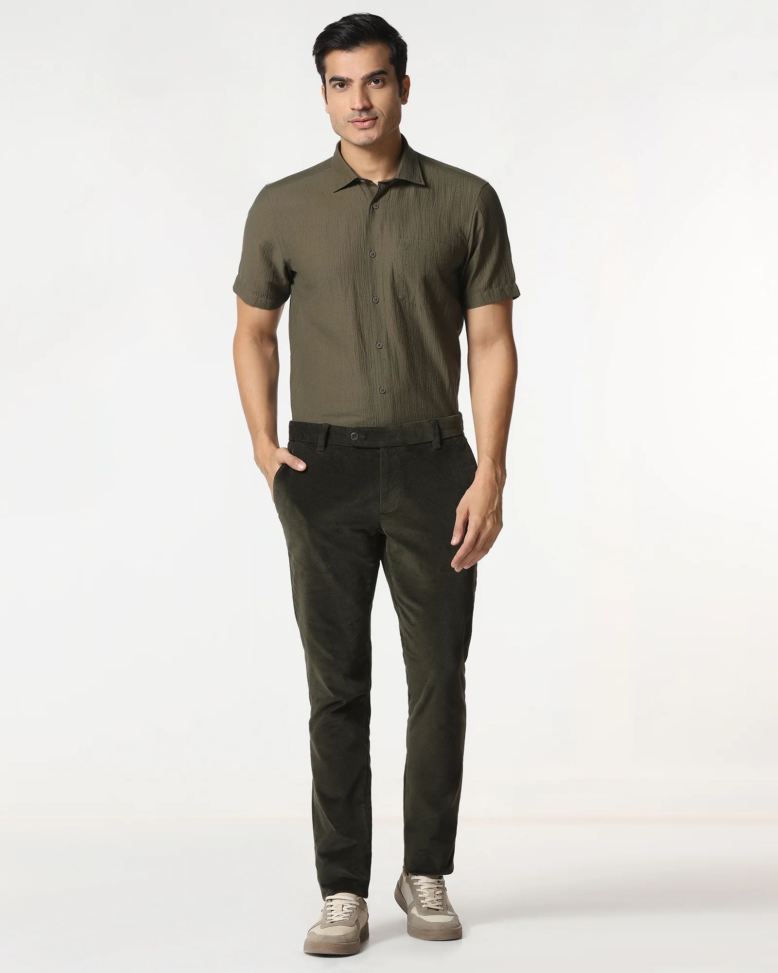 Olive Half Sleeve Textured Shirt - Cremon - Image 3