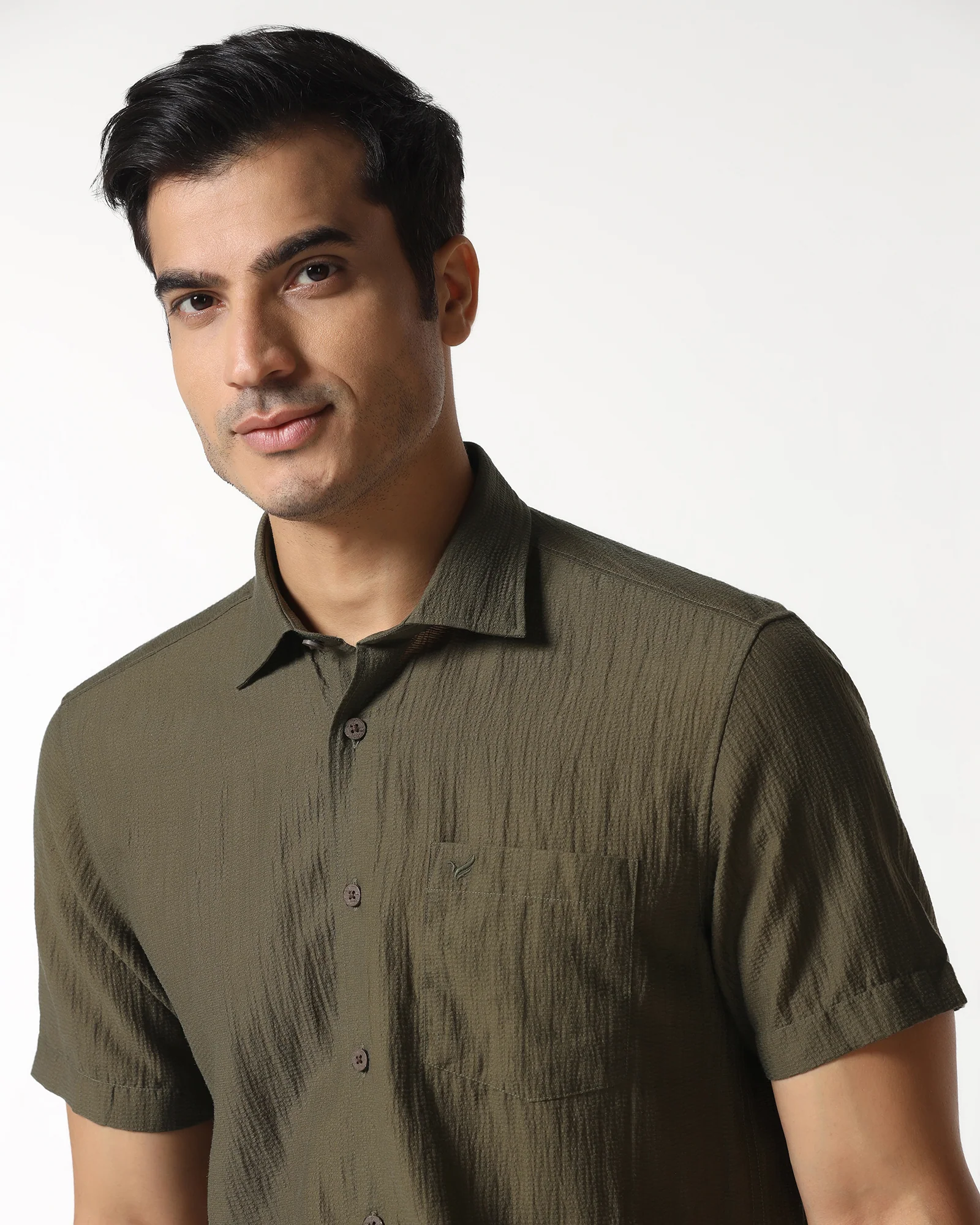 Olive Half Sleeve Textured Shirt - Cremon - Image 4