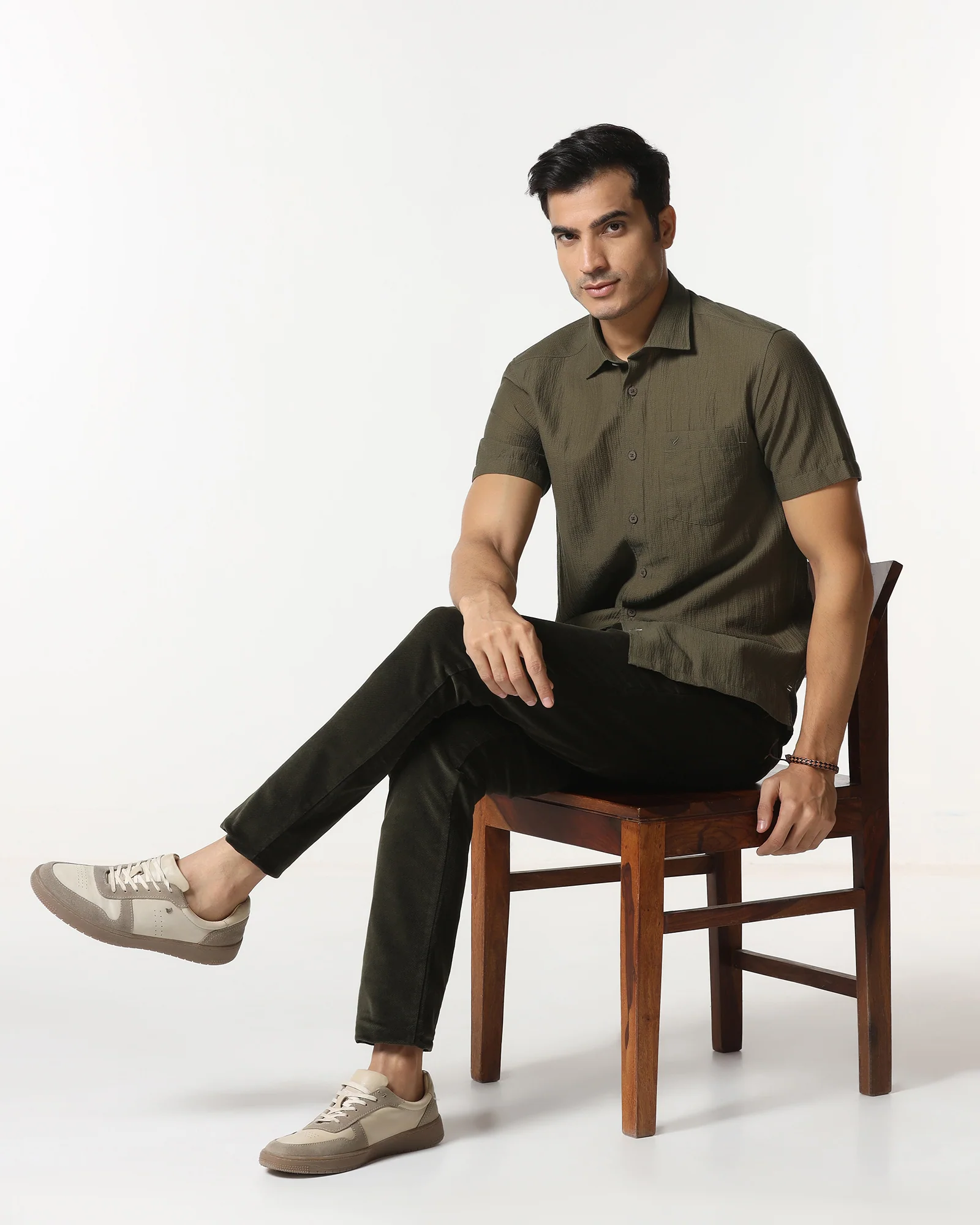 Olive Half Sleeve Textured Shirt - Cremon - Image 7