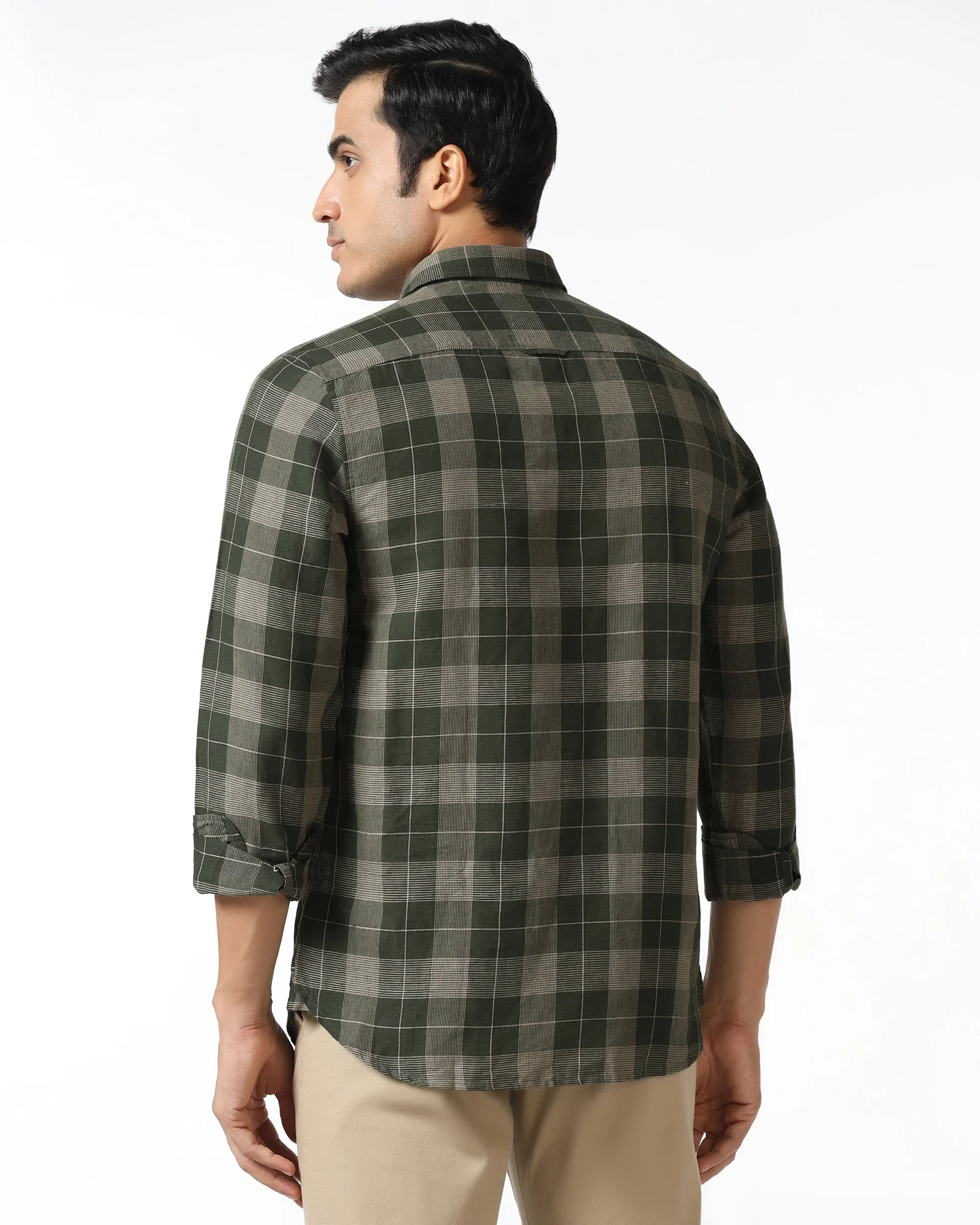 Olive Linen Check Shirt - Merik - Image 2