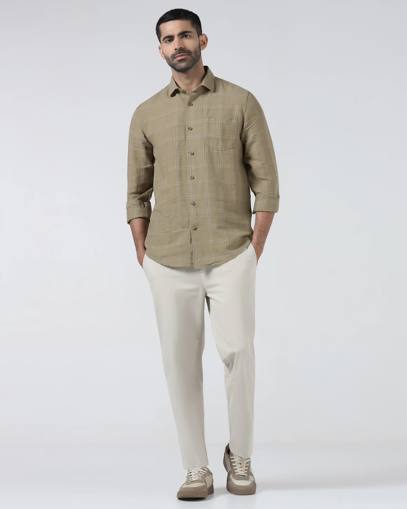 Olive Linen Check Shirt - Moben - Image 3