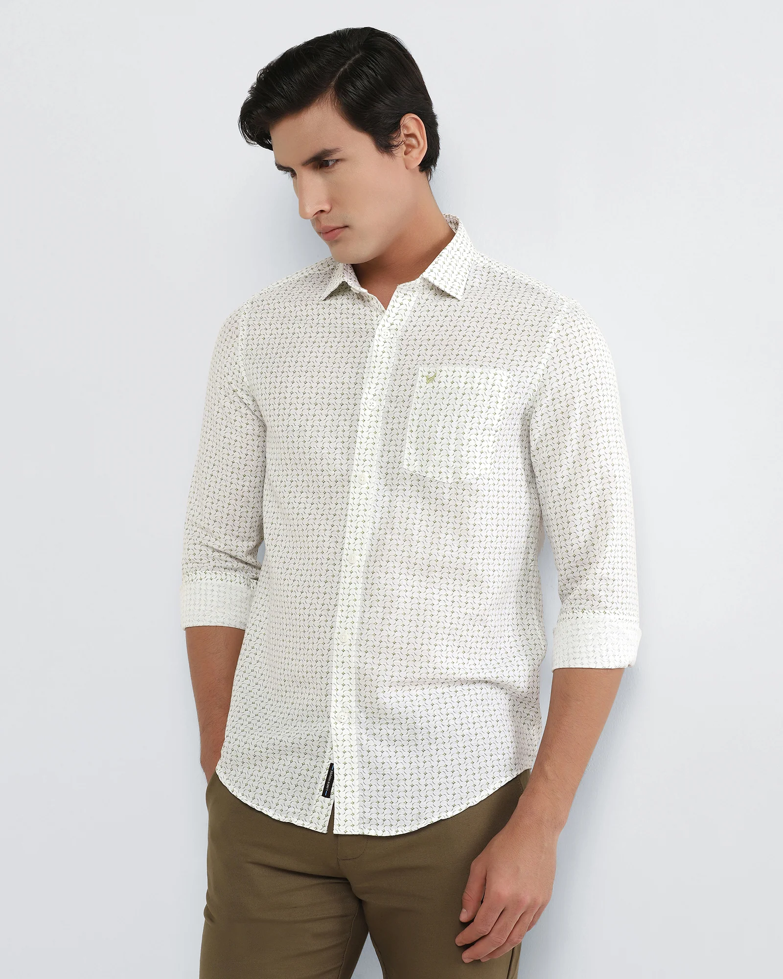 Olive Linen Printed Shirt - Silvano - Image 7