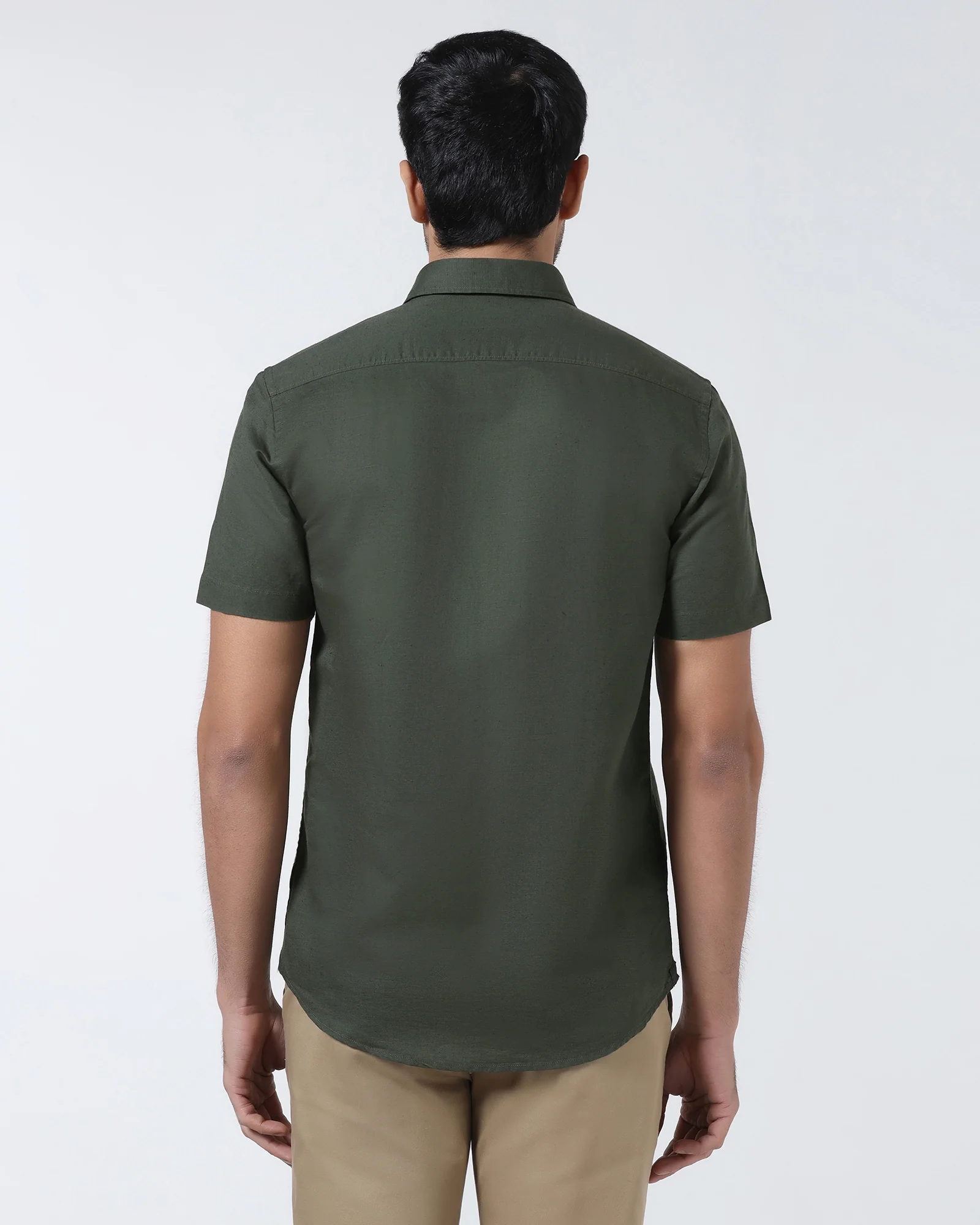 Olive Half Sleeve Linen Solid Shirt - Cleo - Image 2