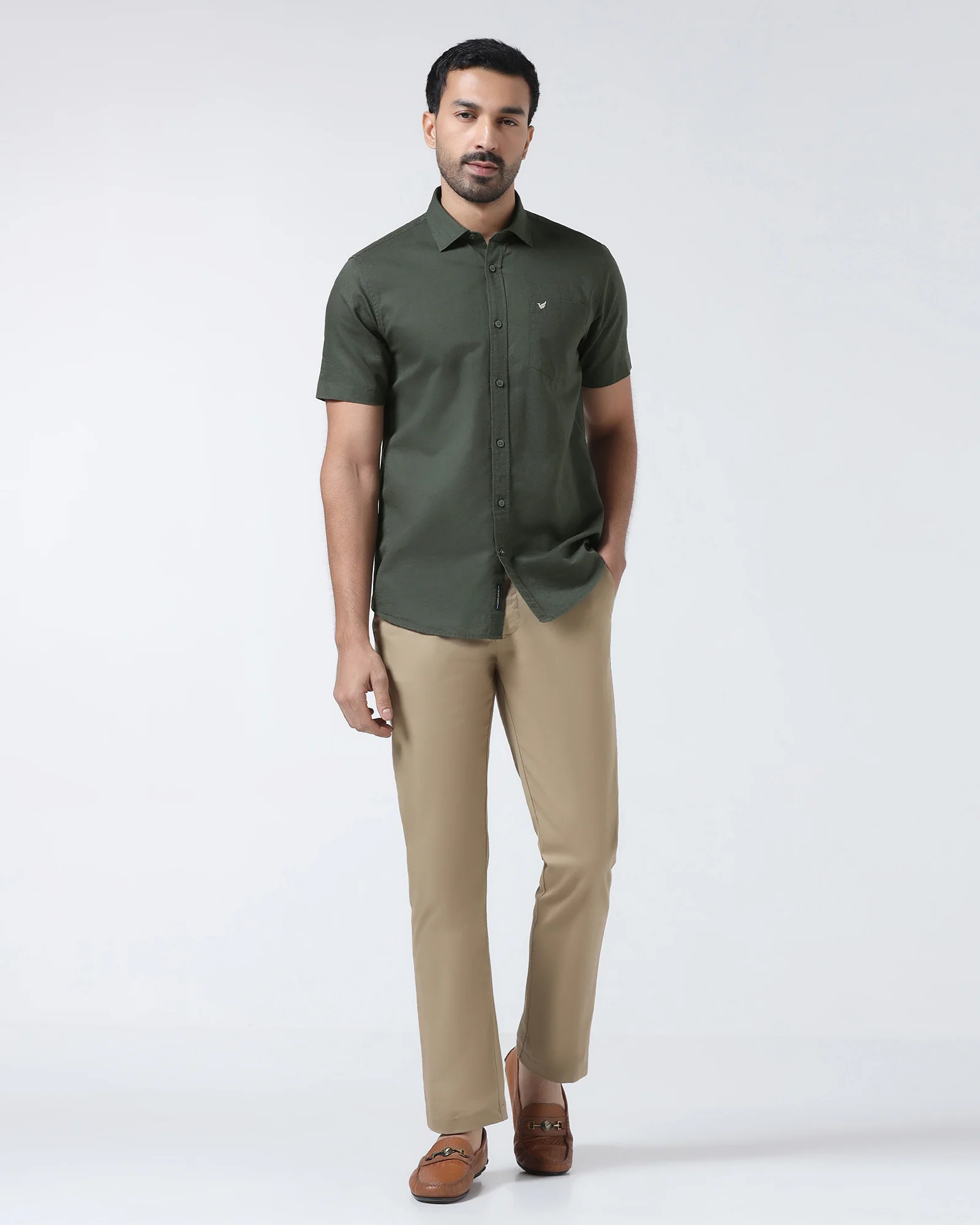 Olive Half Sleeve Linen Solid Shirt - Cleo - Image 3