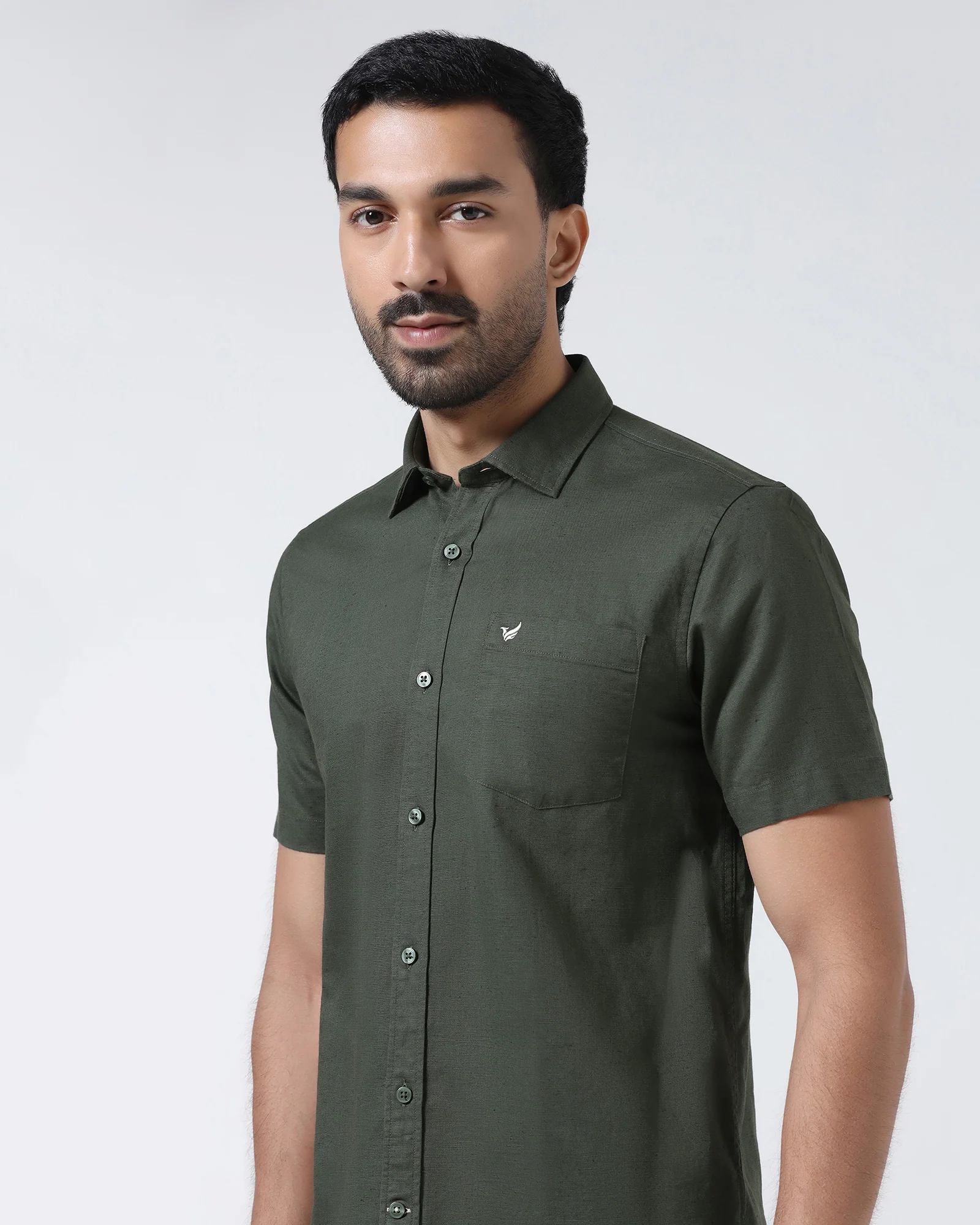 Olive Half Sleeve Linen Solid Shirt - Cleo - Image 4