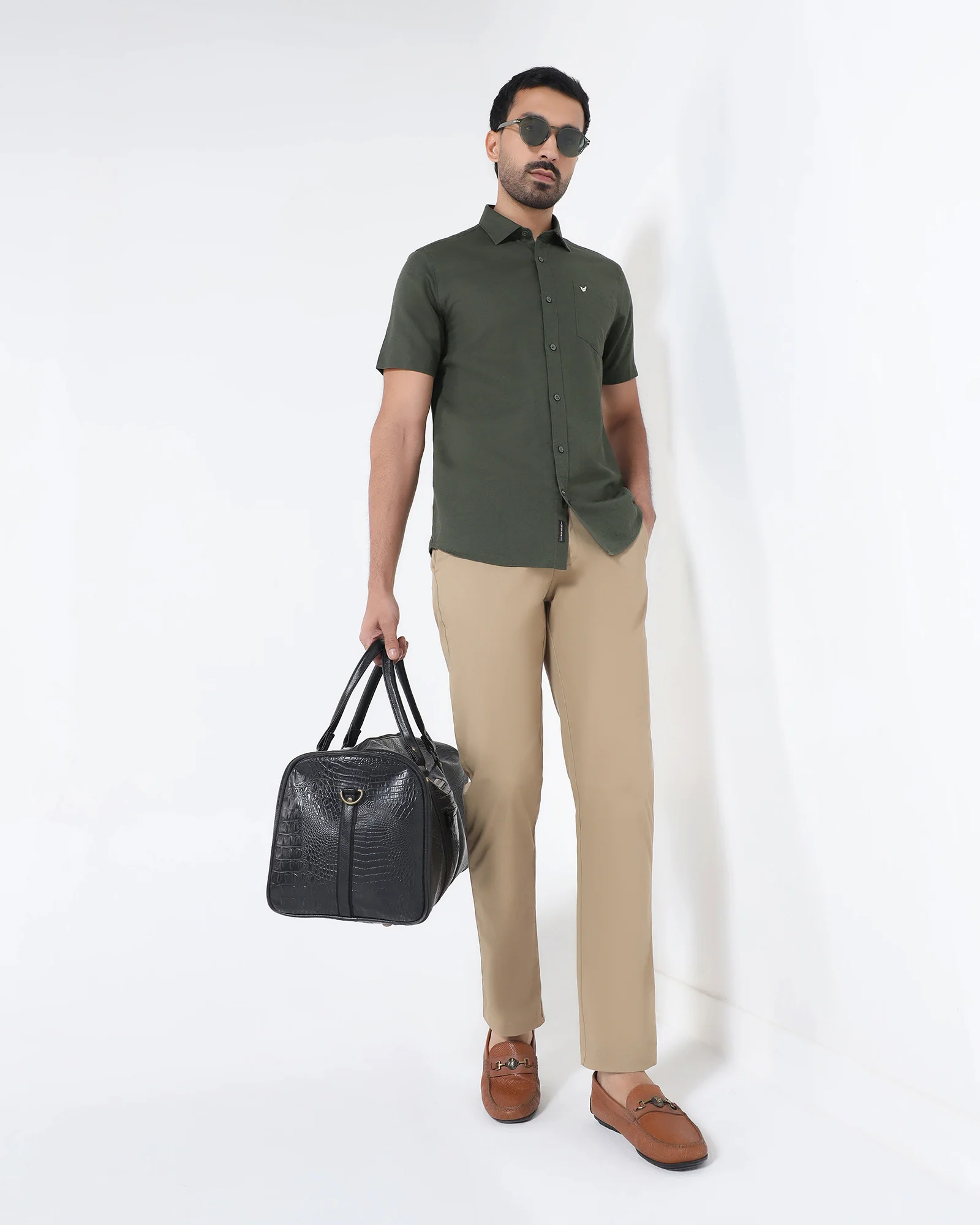 Olive Half Sleeve Linen Solid Shirt - Cleo - Image 7