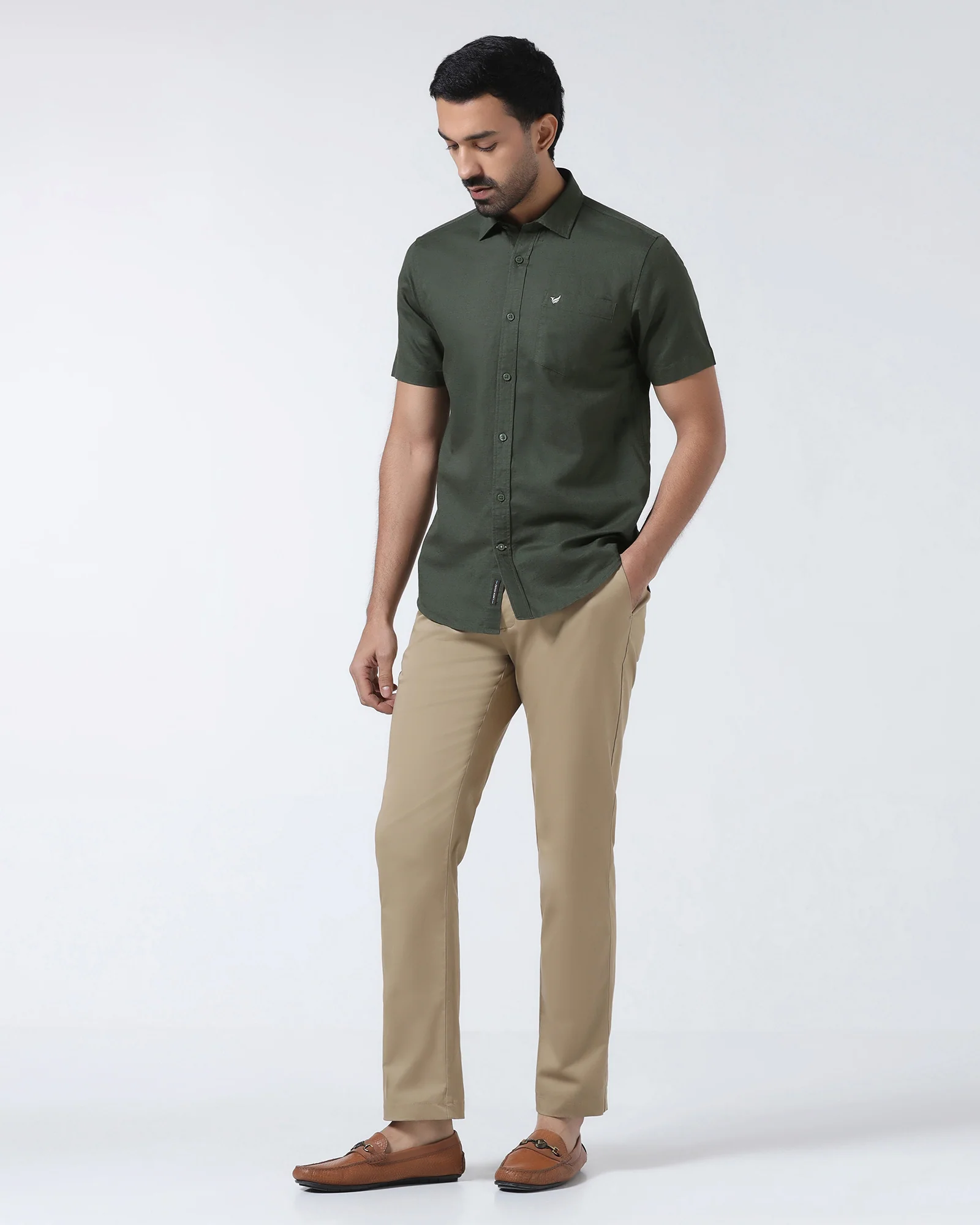 Olive Half Sleeve Linen Solid Shirt - Cleo - Image 9