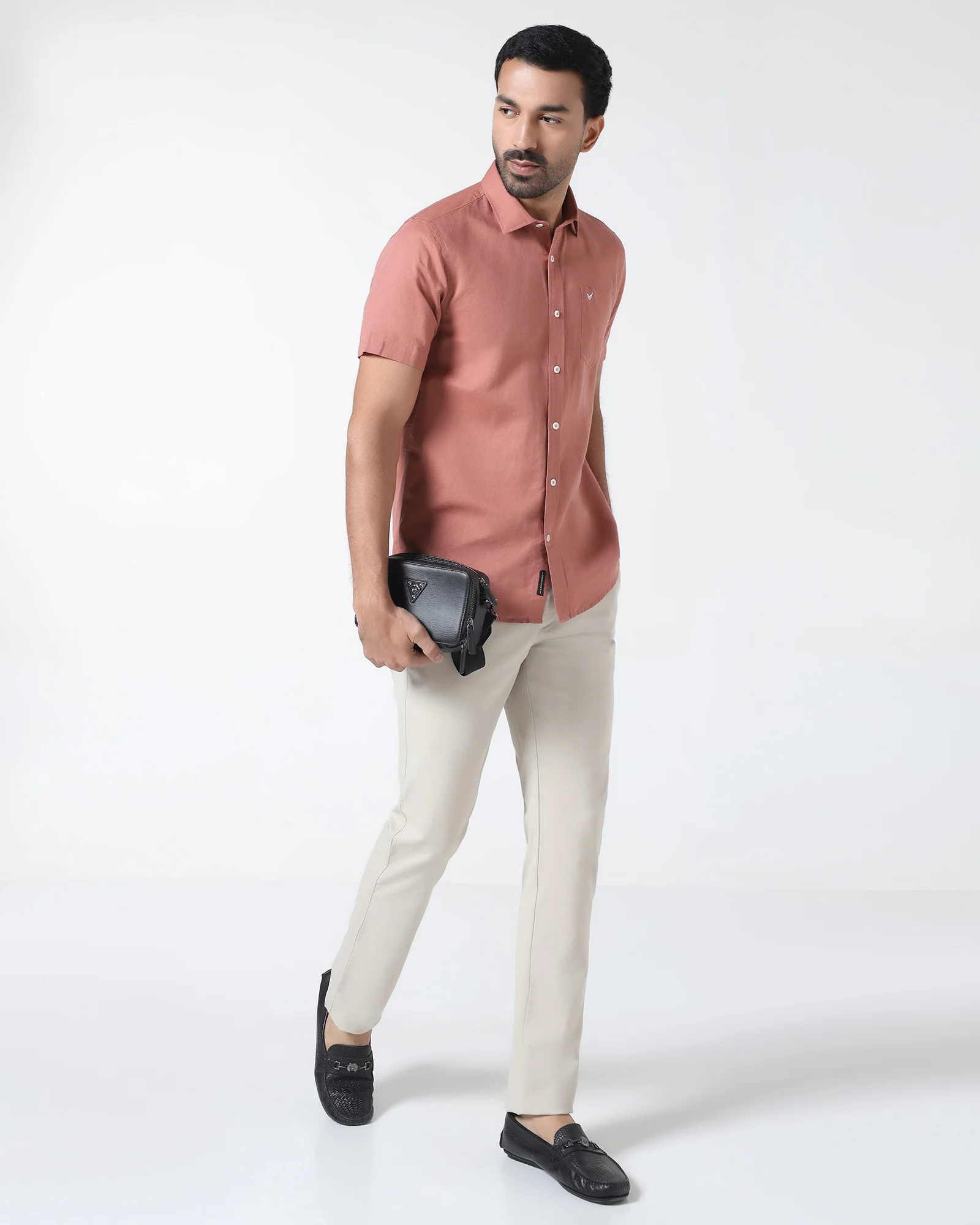 Peach Half Sleeve Linen Solid Shirt - Cleo - Image 7