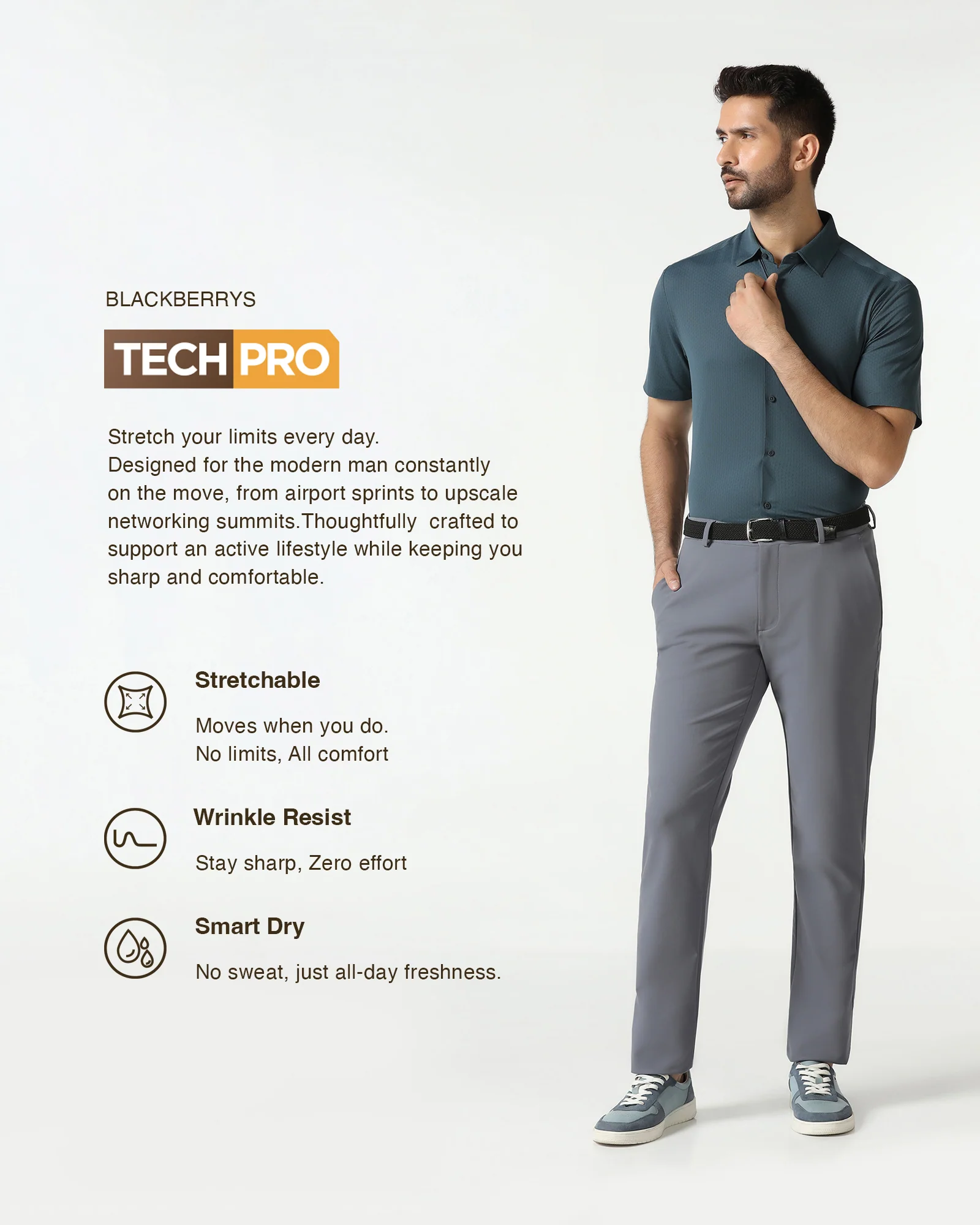 Petrol Blue Half Sleeve TechPro Textured Shirt - Hurton - Image 3