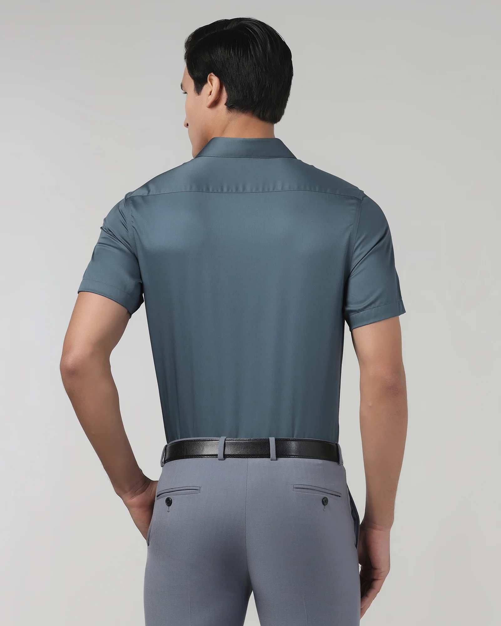 Petrol Blue Half Sleeve Unwrinkle Solid Shirt - Sylvia - Image 2