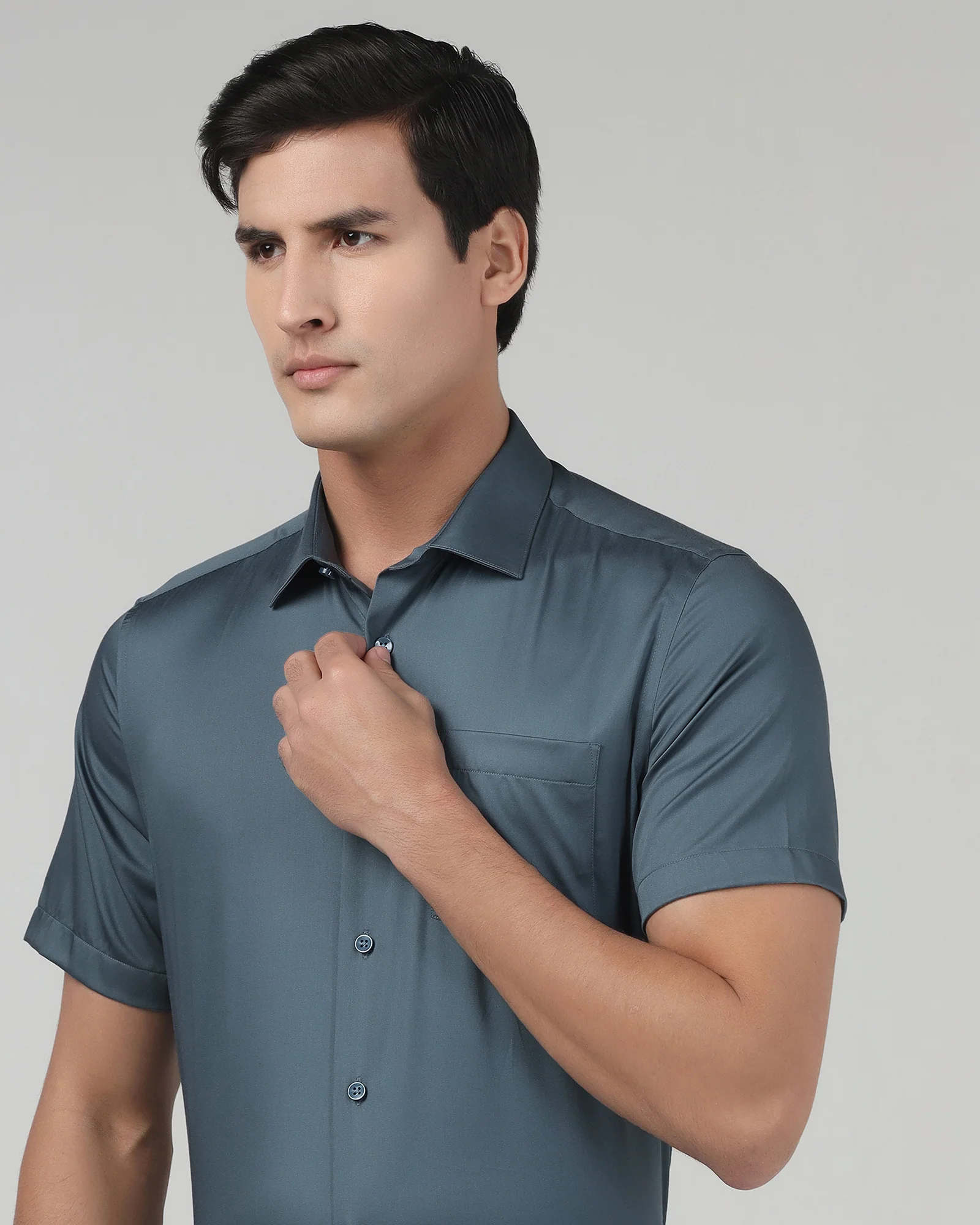 Petrol Blue Half Sleeve Unwrinkle Solid Shirt - Sylvia - Image 4