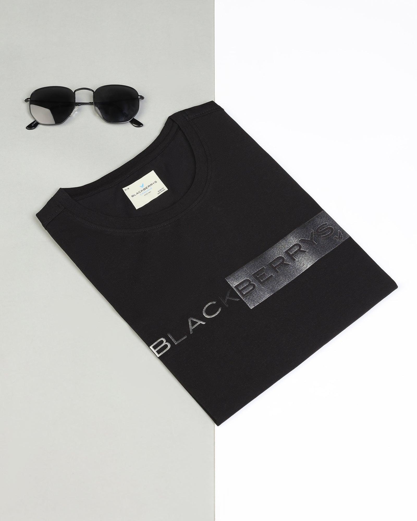 Crew Neck Black Solid T-Shirt - Salsa - Image 5