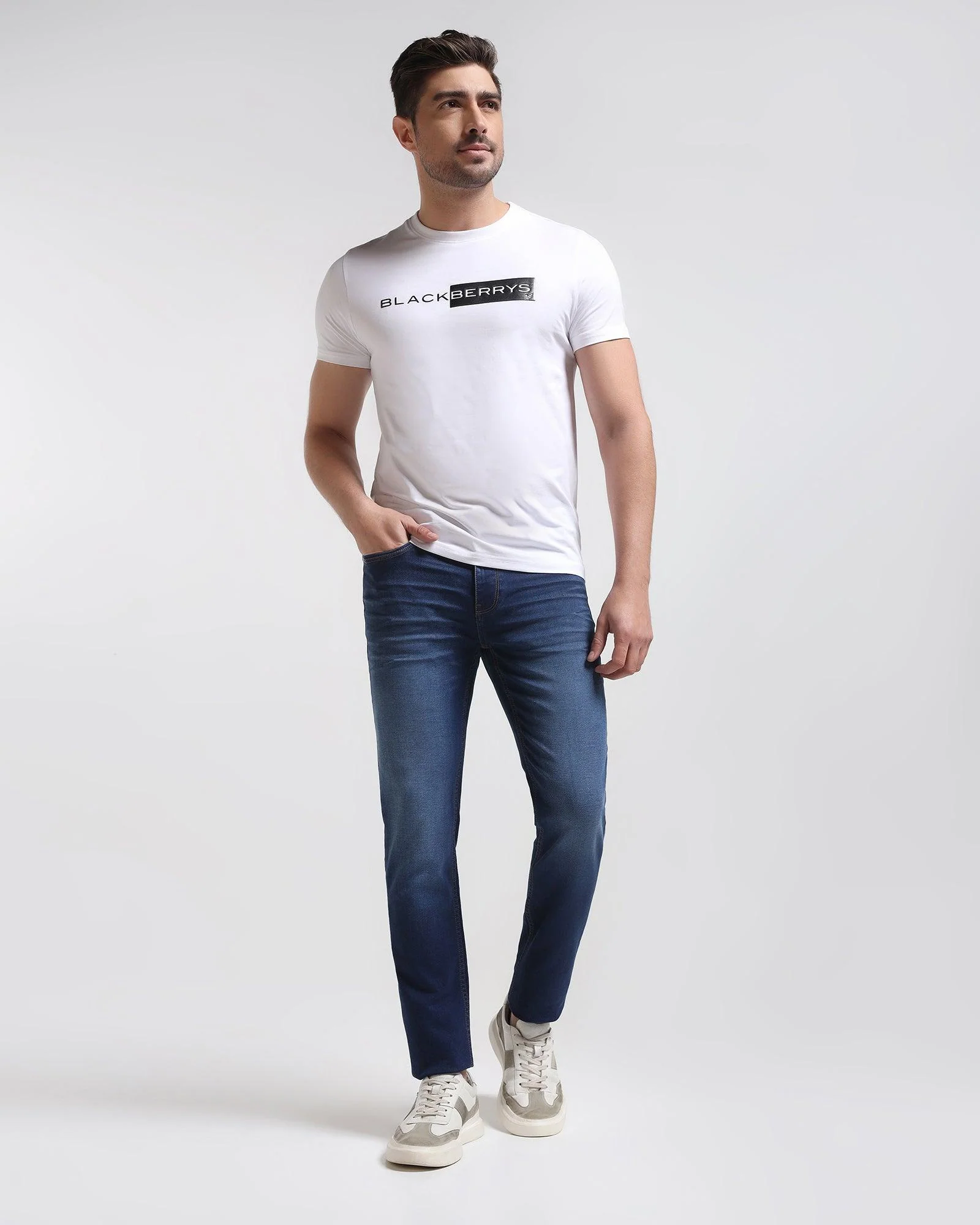 Crew Neck White Solid T-Shirt - Salsa - Image 3