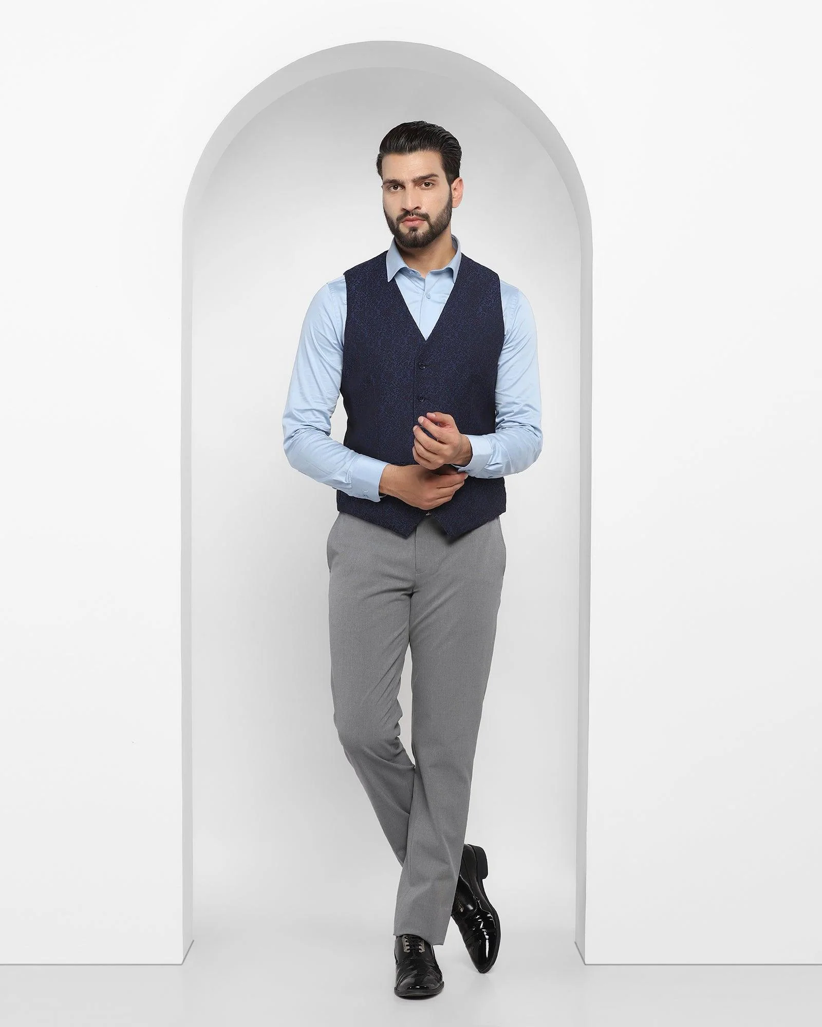 V-Neck Formal Navy Jacquard Waistcoat - Brino - Image 5