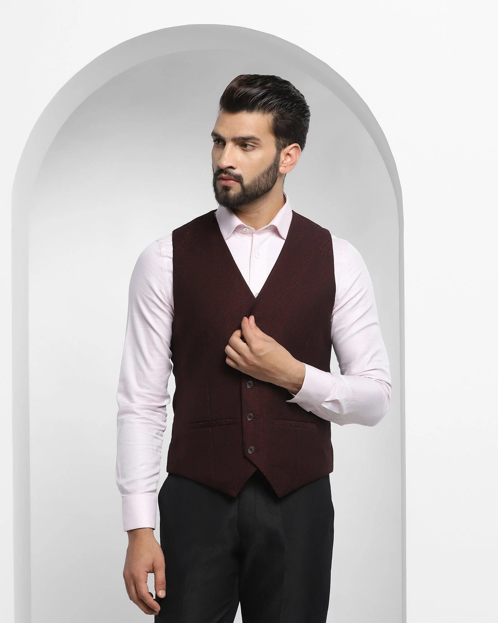V-Neck Formal Wine Jacquard Waistcoat - Brino