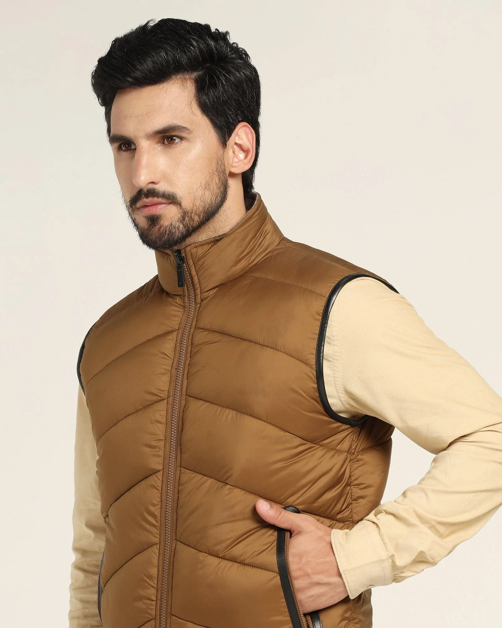 Reversible Burnt Gold Solid Zipper Jacket - Cabe - Image 4