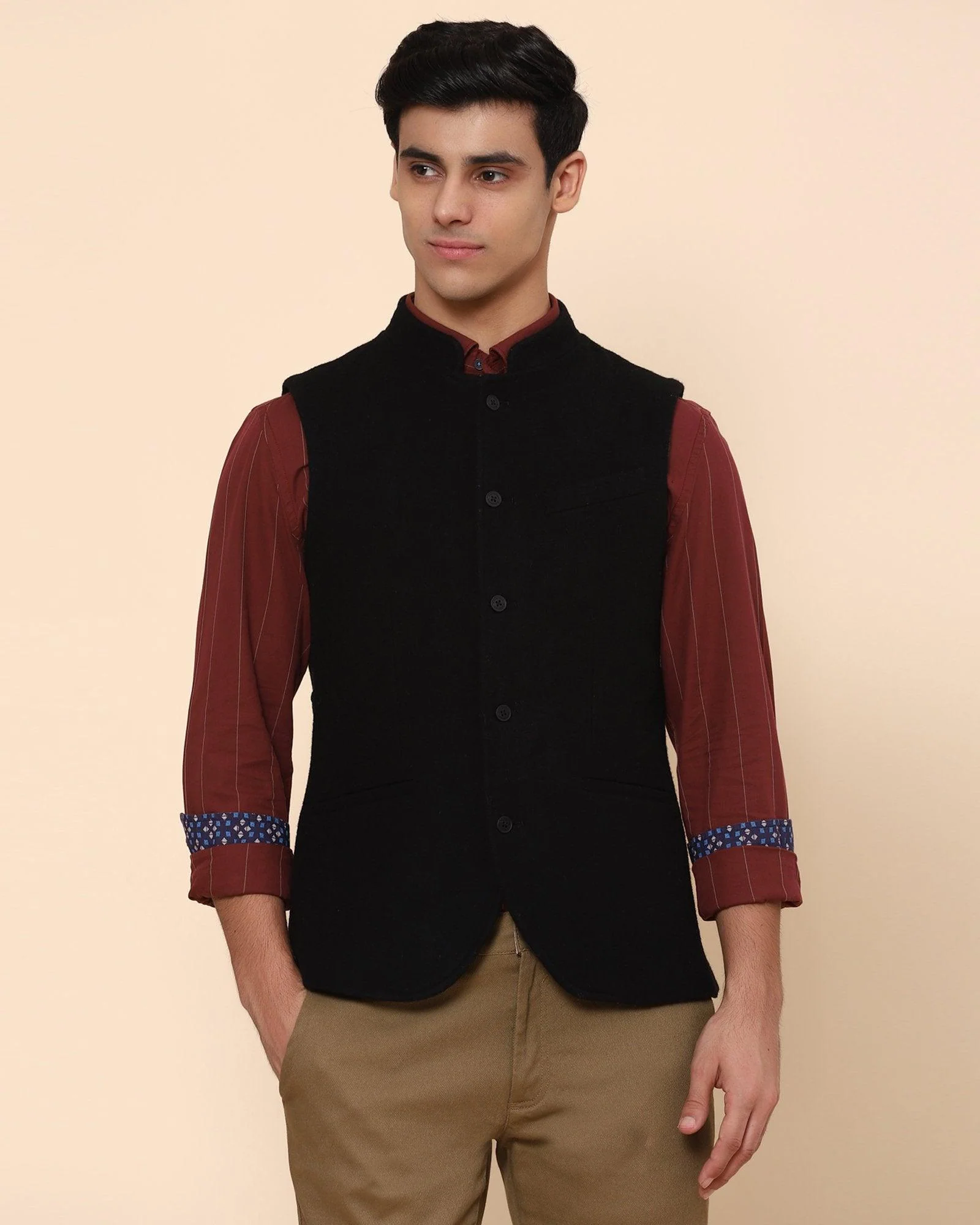 Bandhgala Casual Black Solid Waistcoat - Rhombus