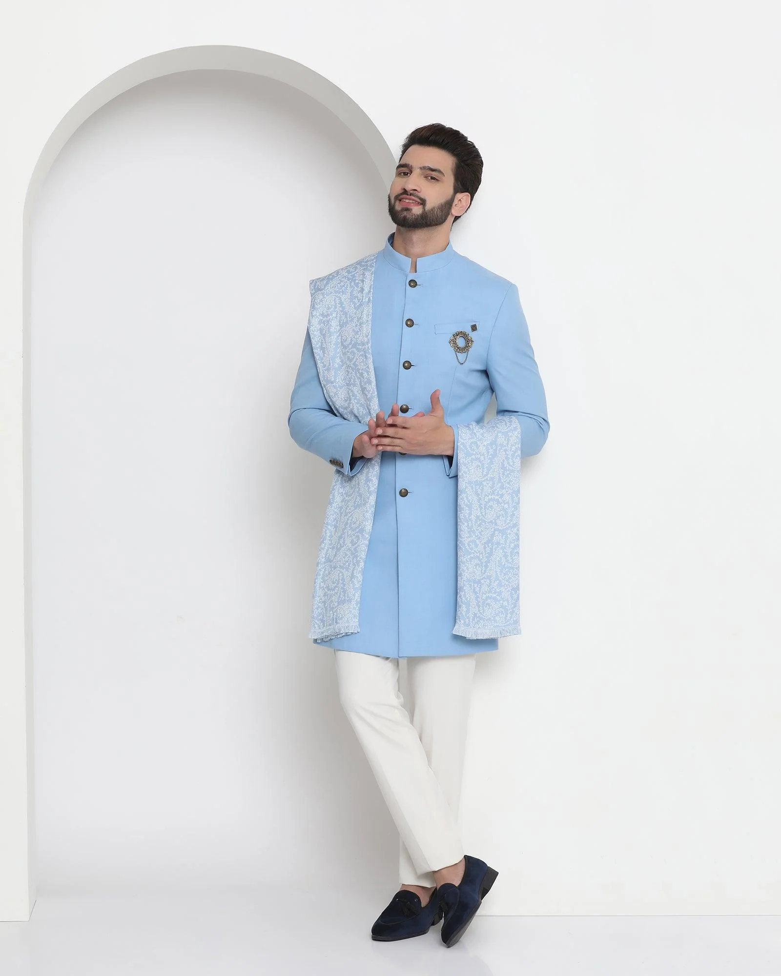 Blue Swarn Solid Achkan Set - Royal - Image 3