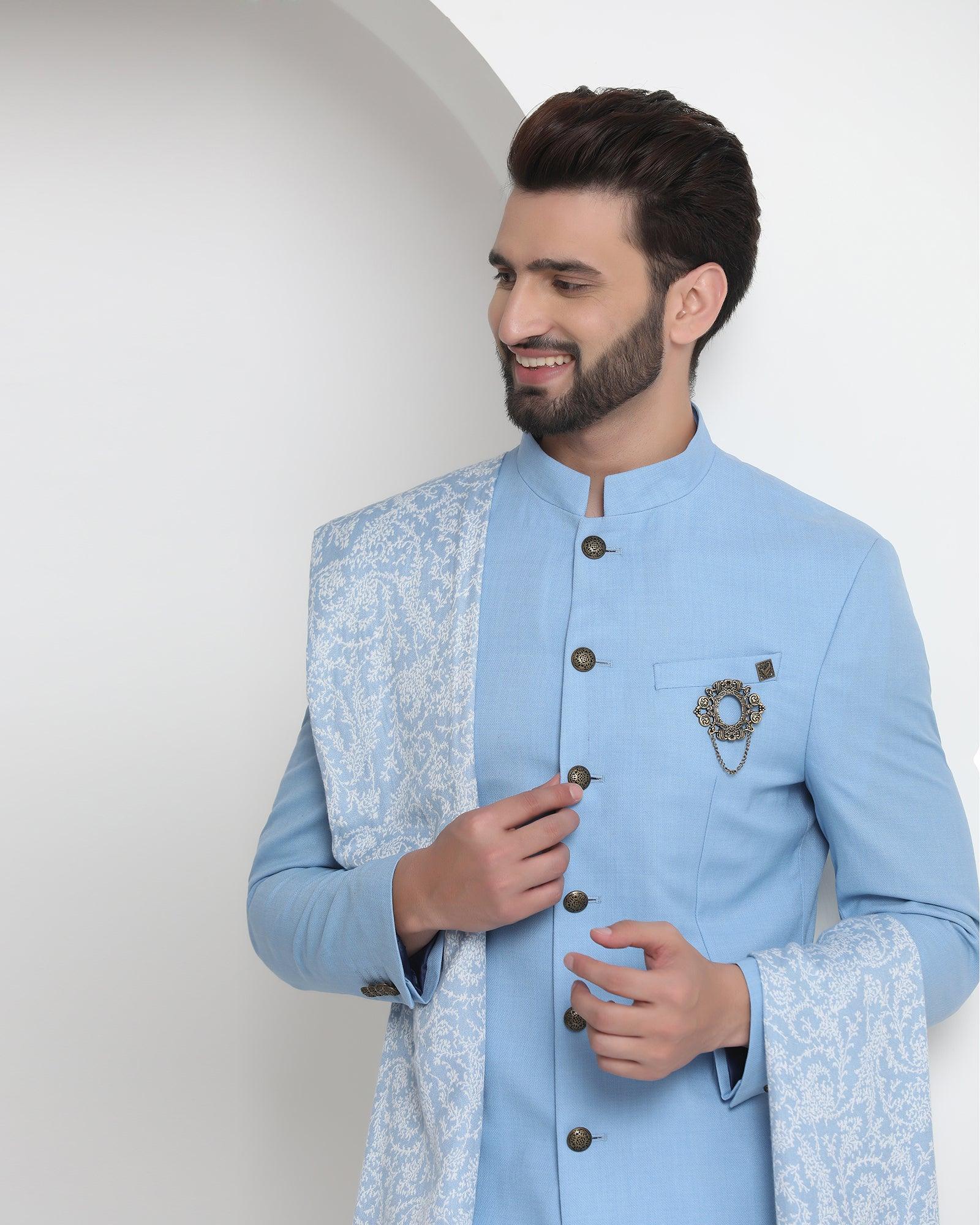 Blue Swarn Solid Achkan Set - Royal - Image 4