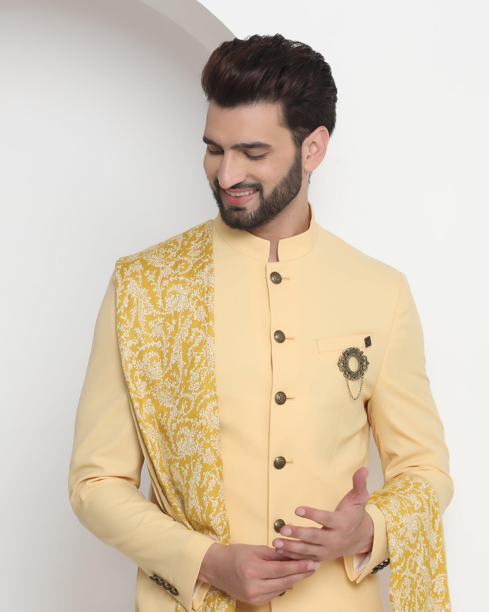Yellow Swarn Solid Achkan Set - Royal - Image 3