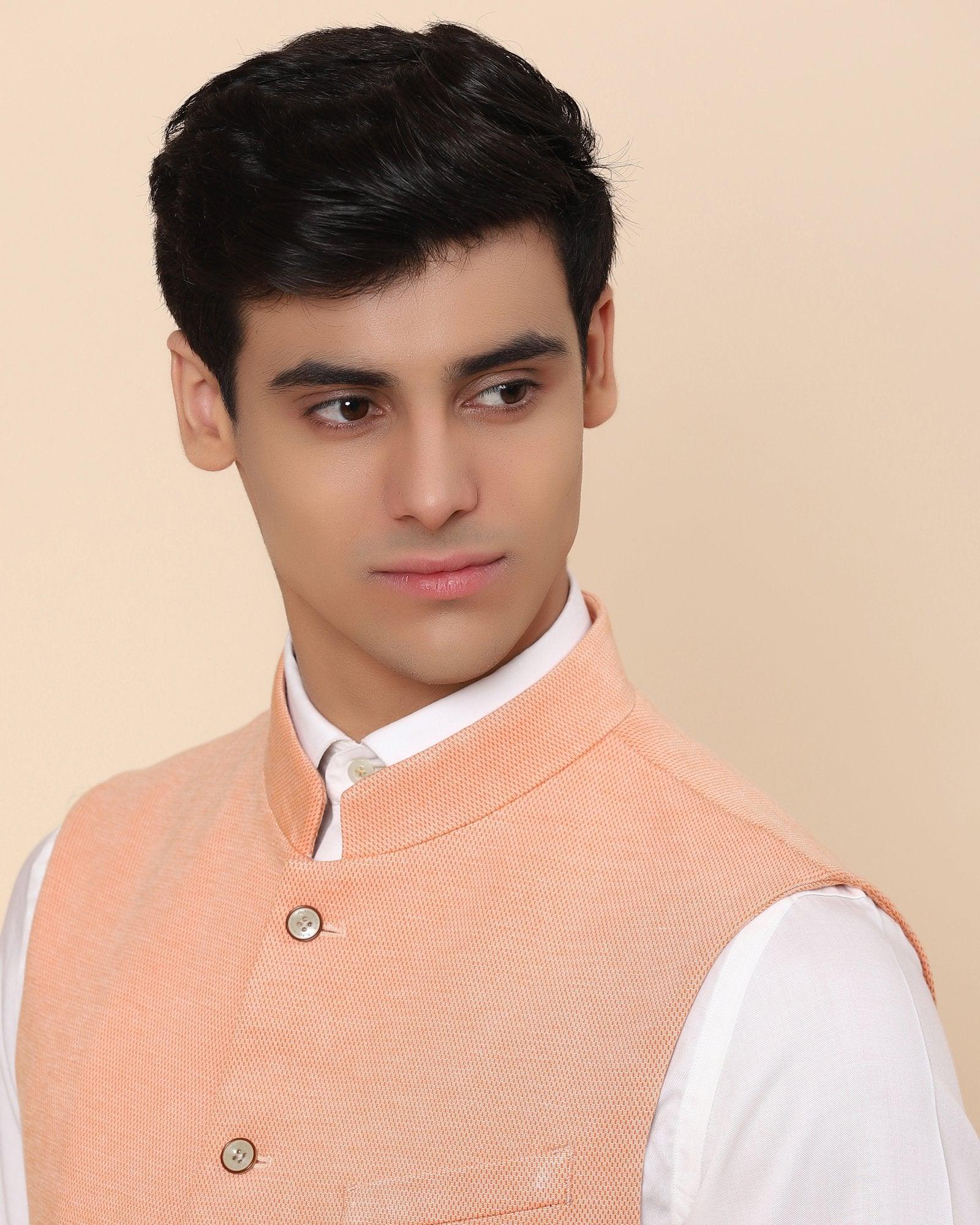 Bandhgala Formal Peach Textured Waistcoat - Sable - Image 3