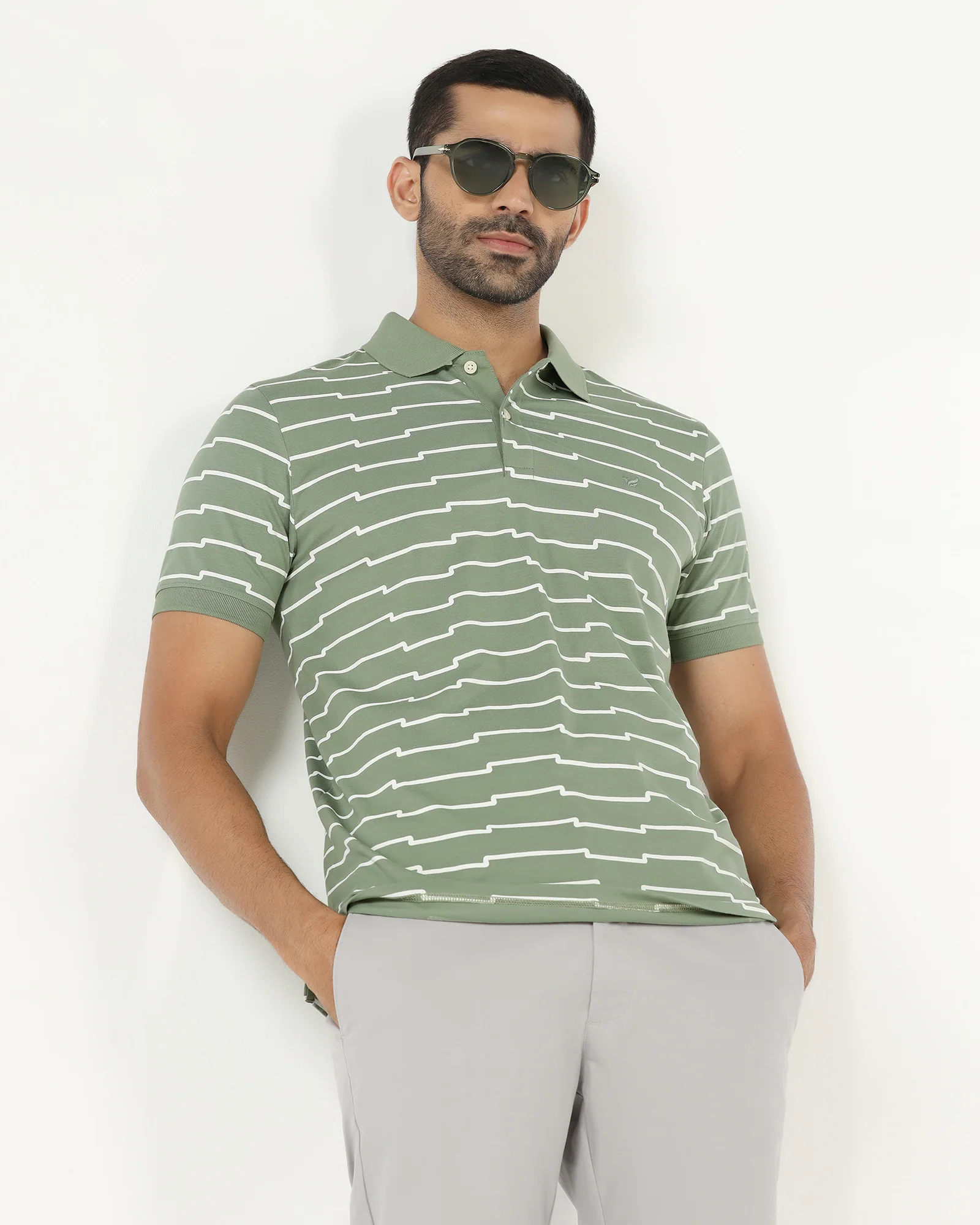 Sage Green Printed Polo - Maze - Image 7