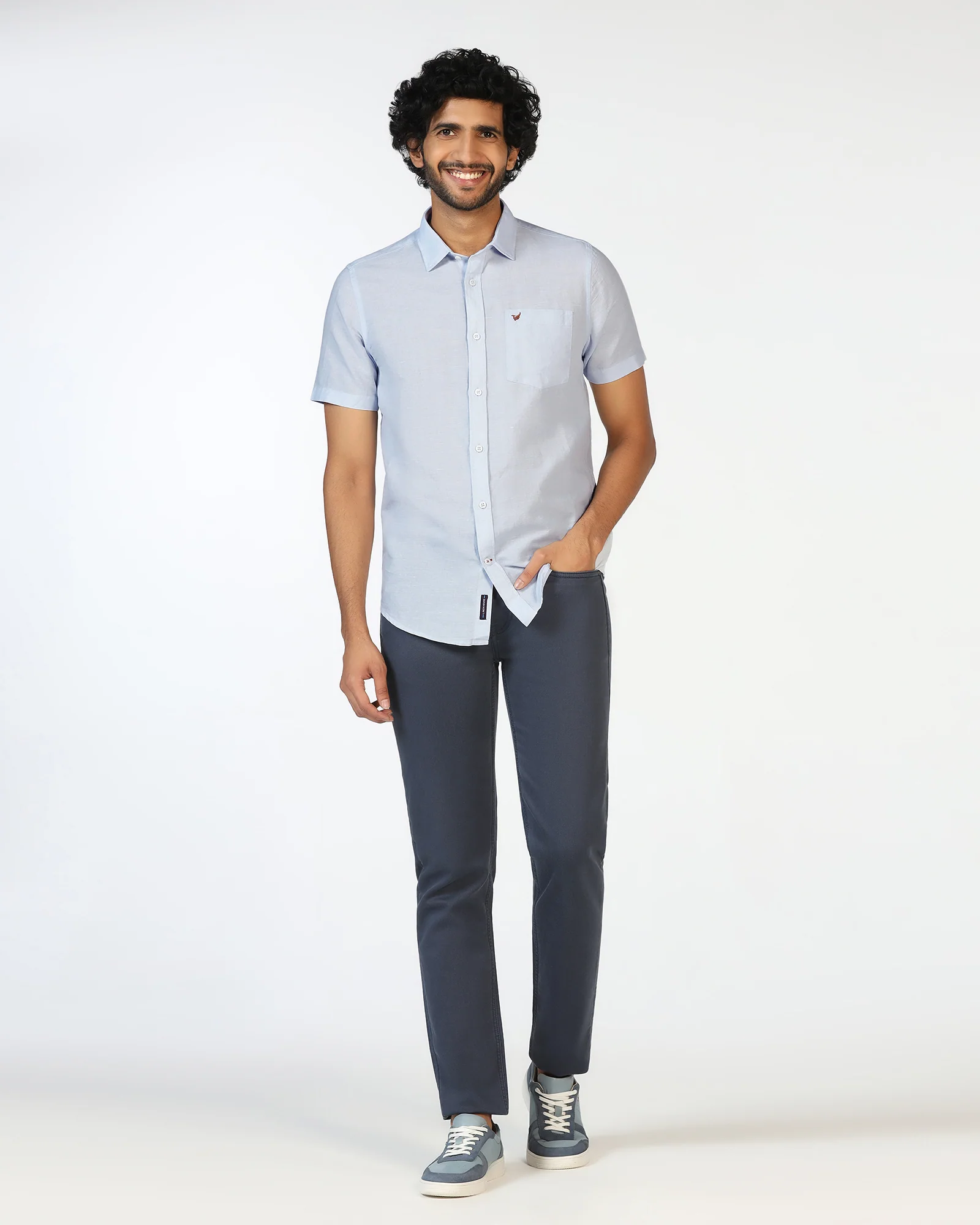 Sky Blue Half Sleeve Linen Solid Shirt - Salmon - Image 3