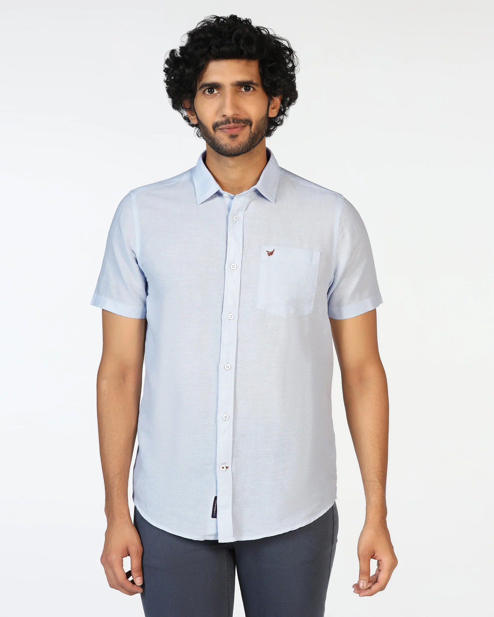 Sky Blue Half Sleeve Linen Solid Shirt - Salmon - Image 8