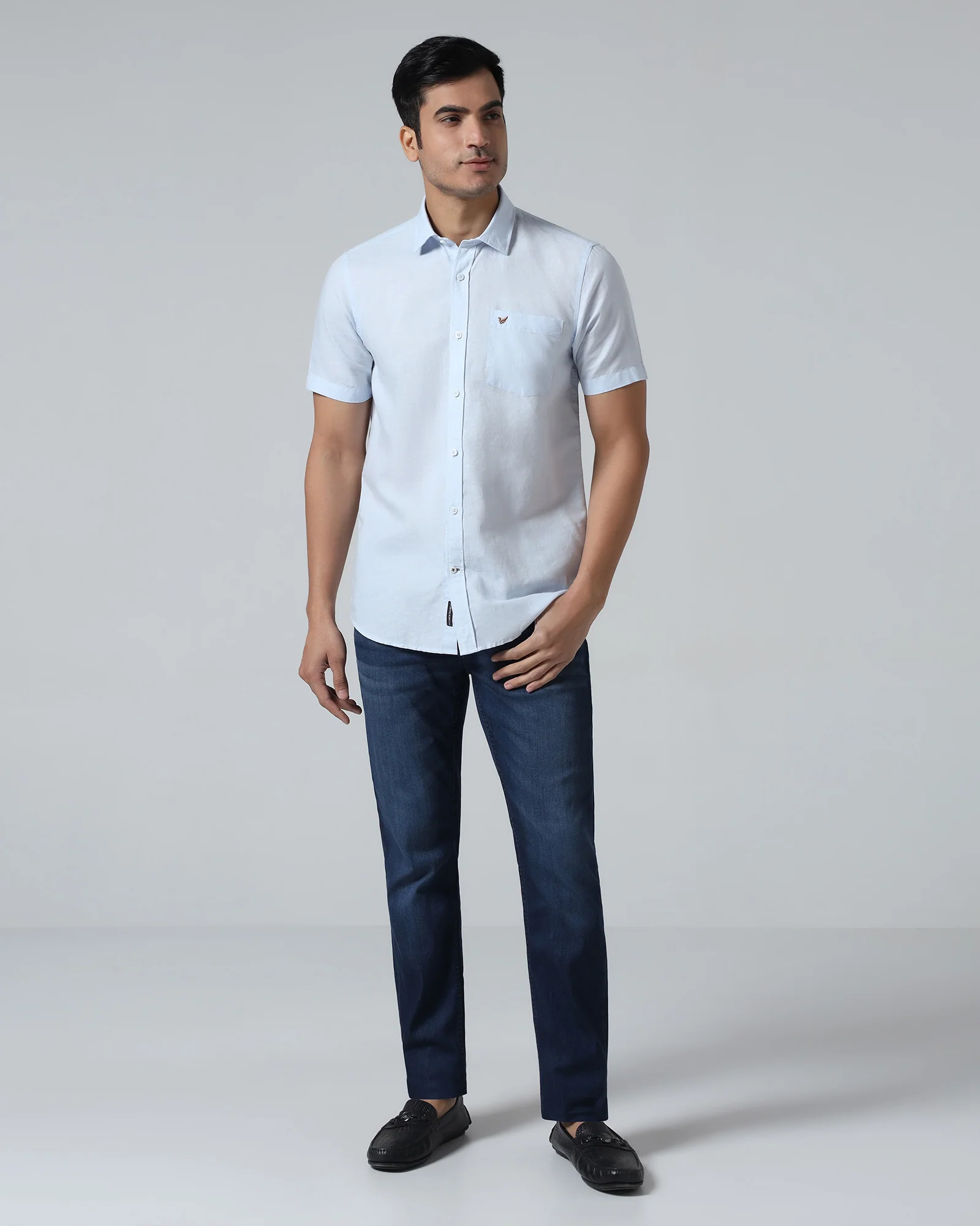 Sky Blue Half Sleeve Linen Solid Shirt - Cleo - Image 3