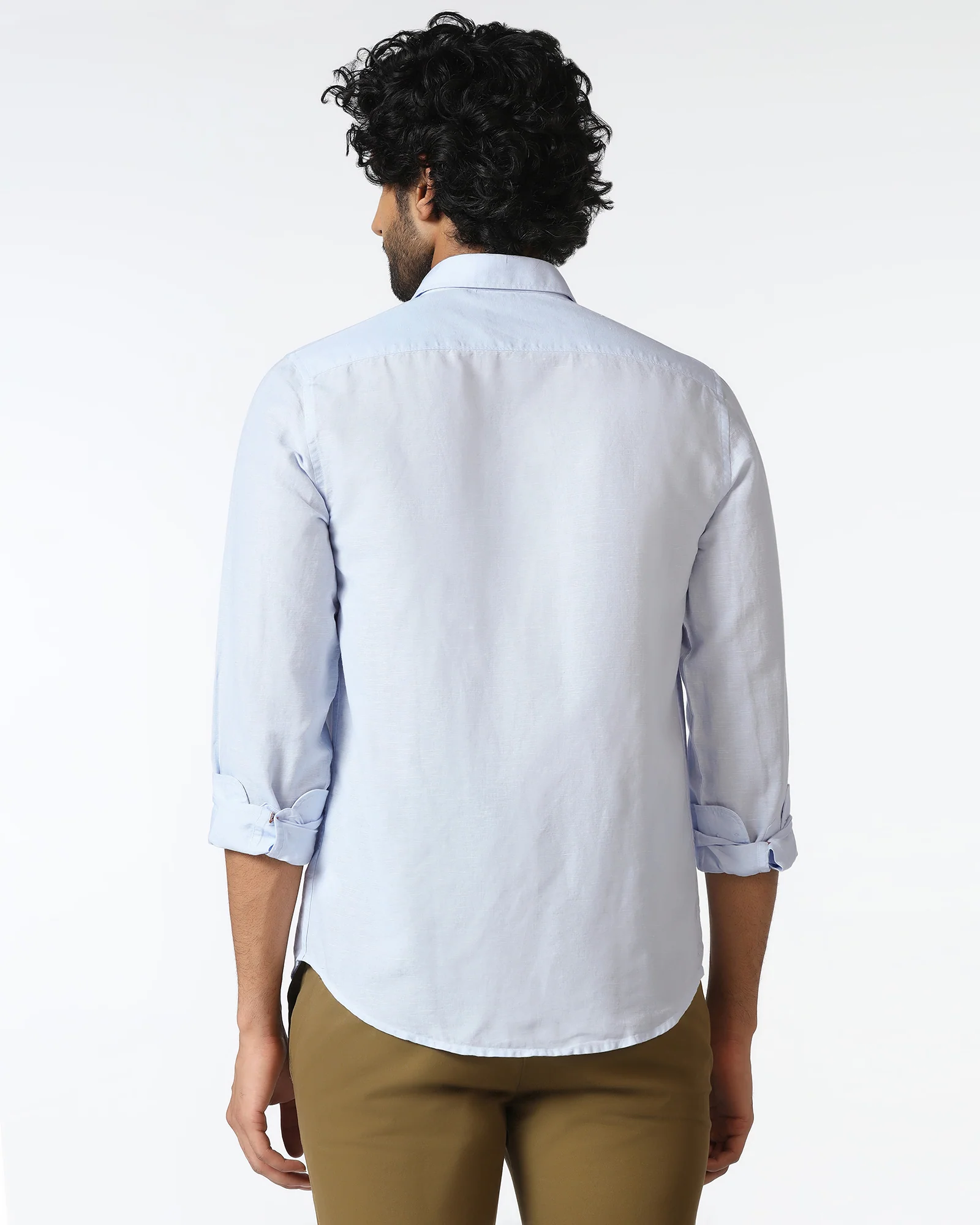 Sky Blue Linen Solid Shirt - Salmon - Image 2