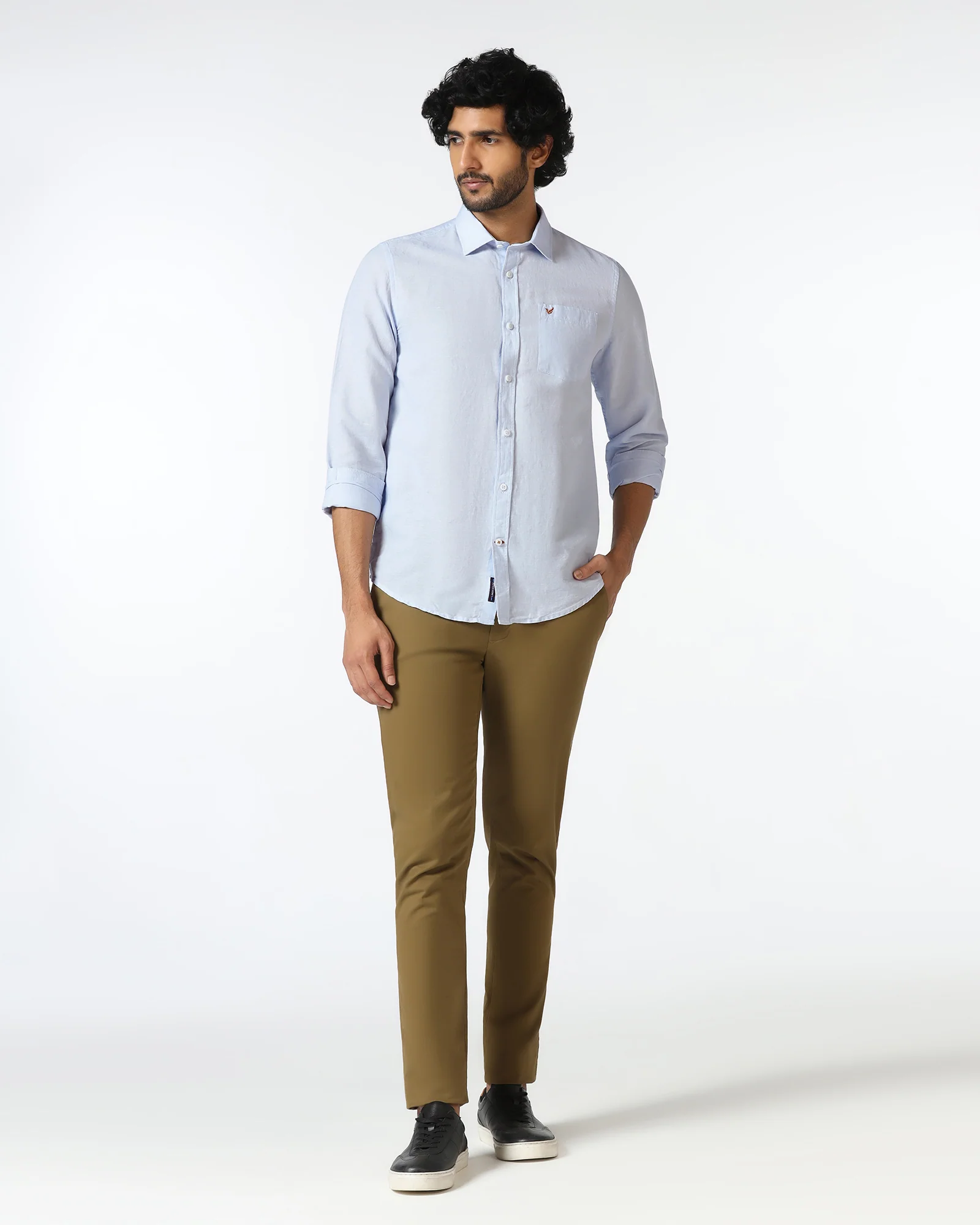 Sky Blue Linen Solid Shirt - Salmon - Image 3