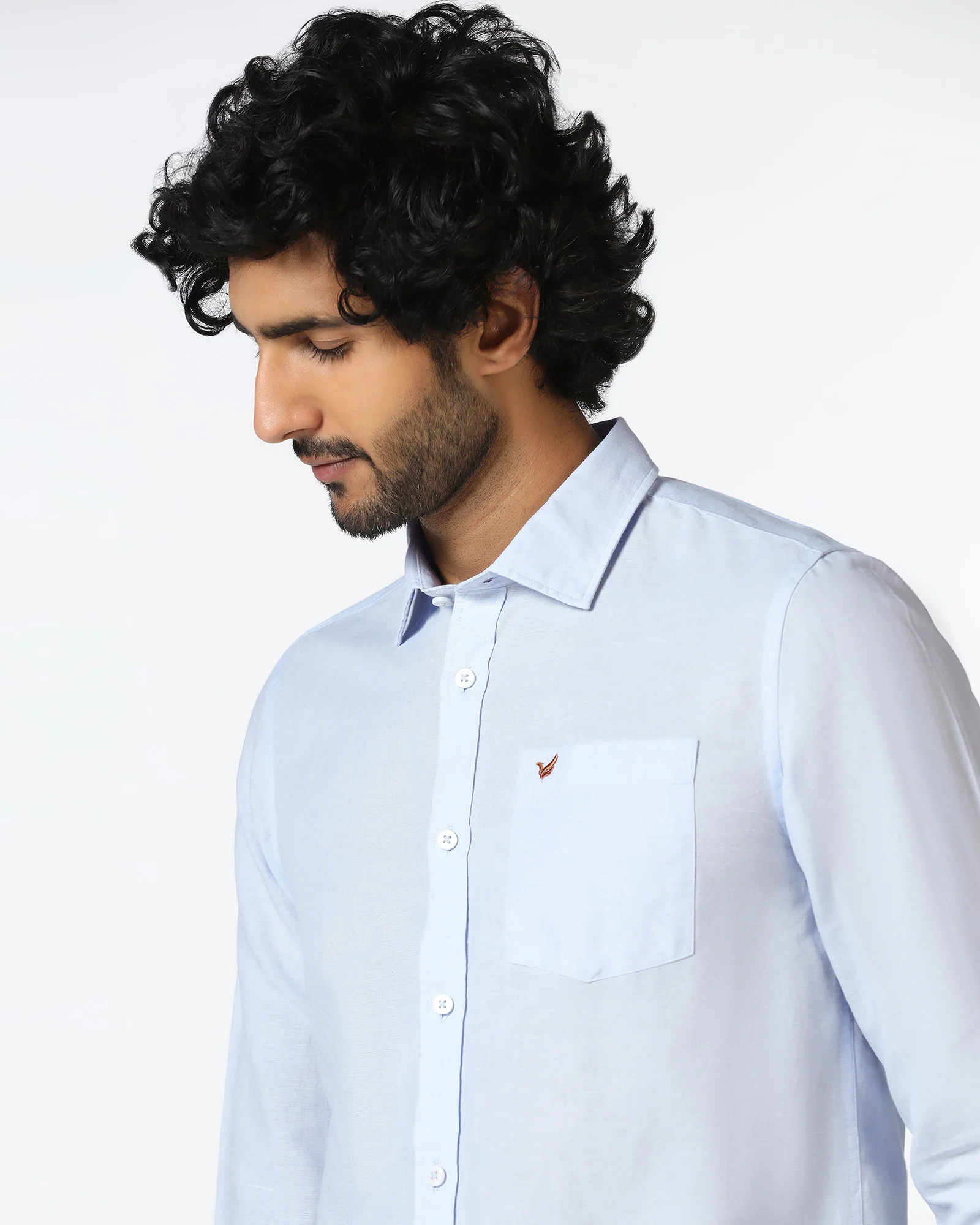 Sky Blue Linen Solid Shirt - Salmon - Image 4
