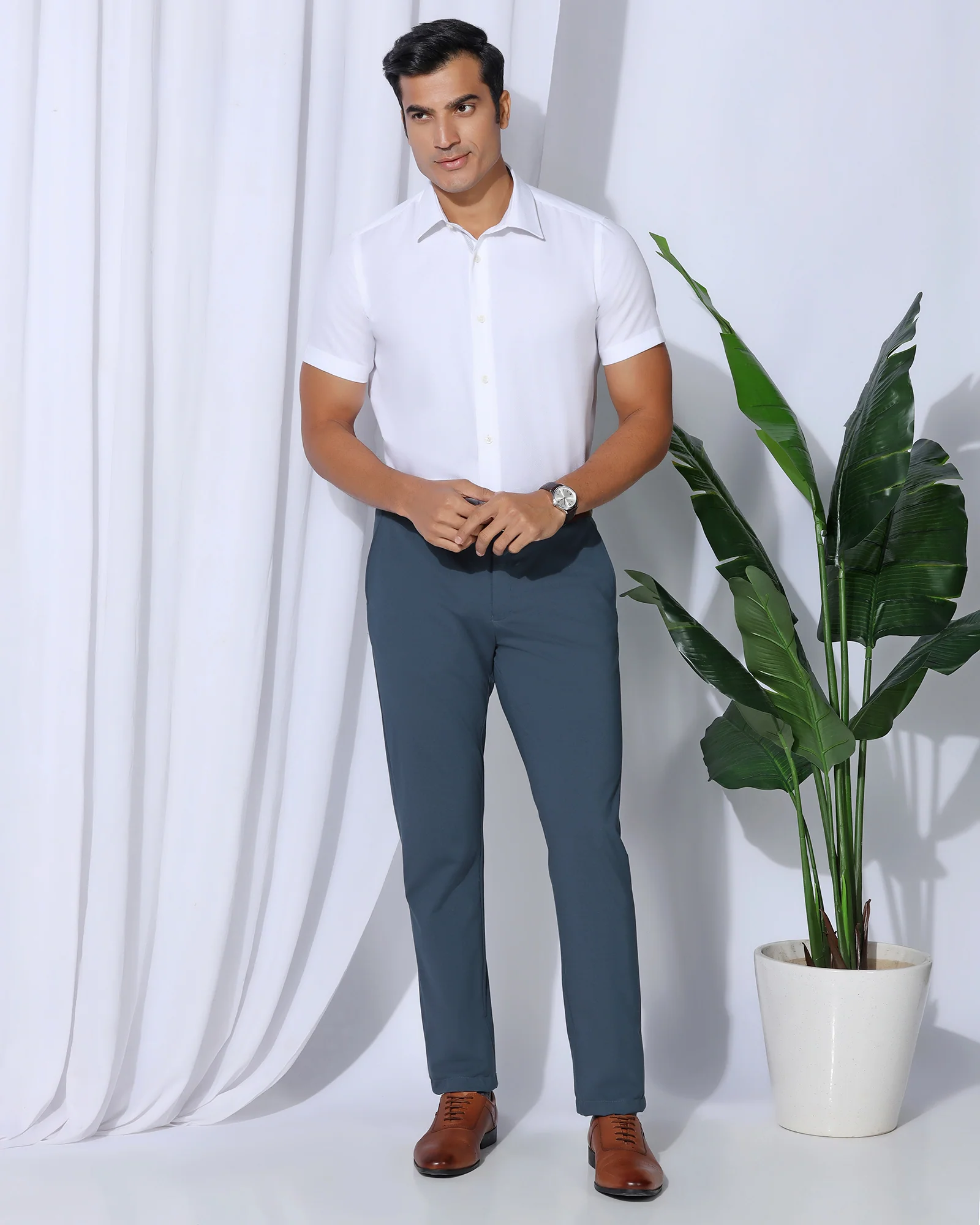 Slim Comfort B-95 Formal Blue Solid Trouser - Oak - Image 7
