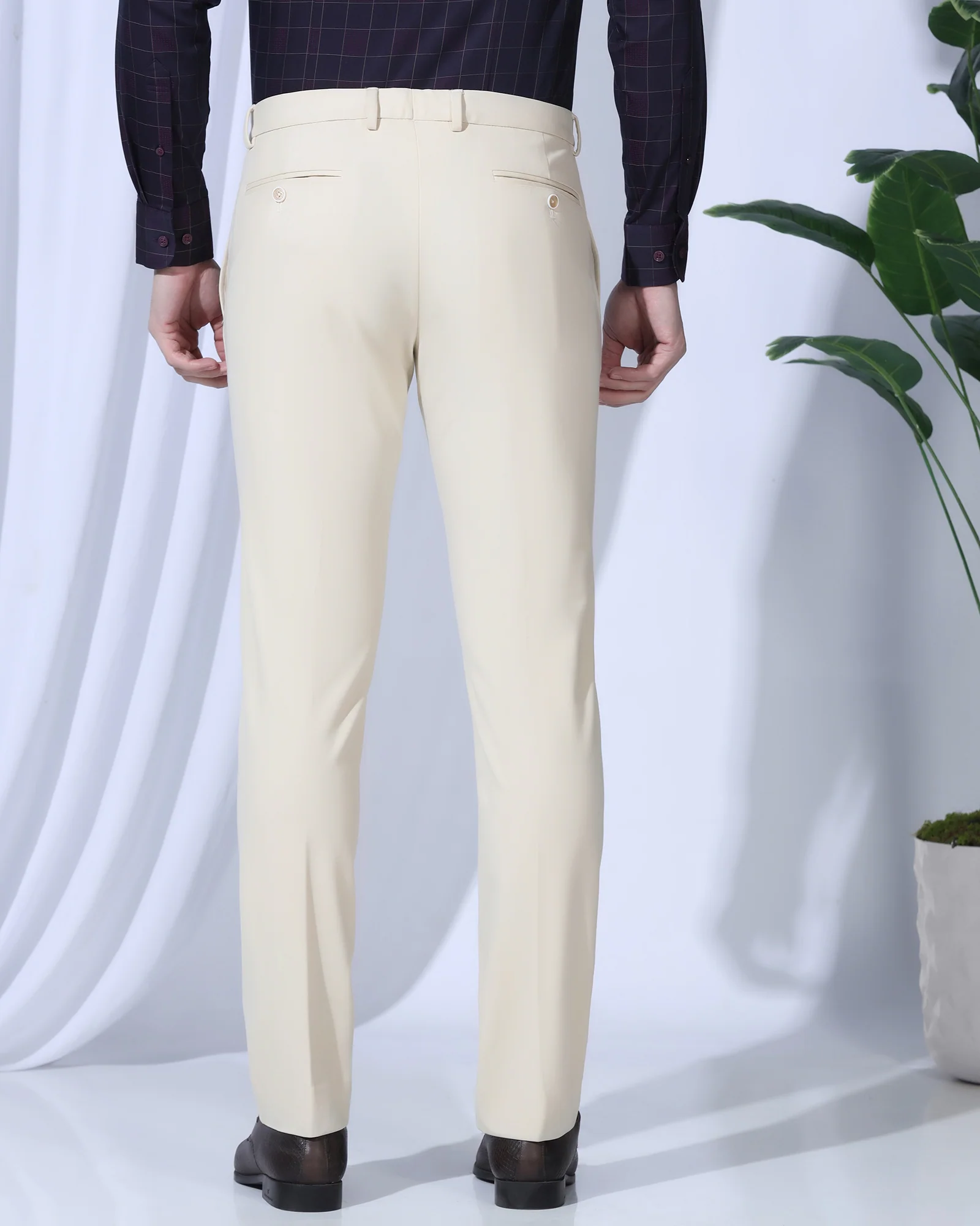 Slim Comfort B-95 Formal Cream Solid Trouser - Oak - Image 2